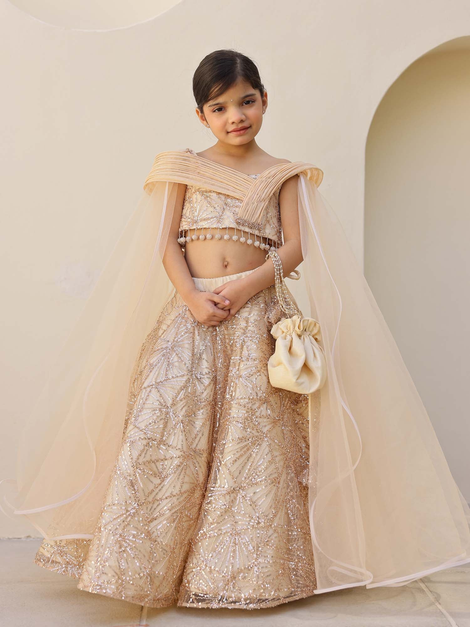 JANYAS CLOSET Gold Sparkle Sequin Lehenga Set for Girls