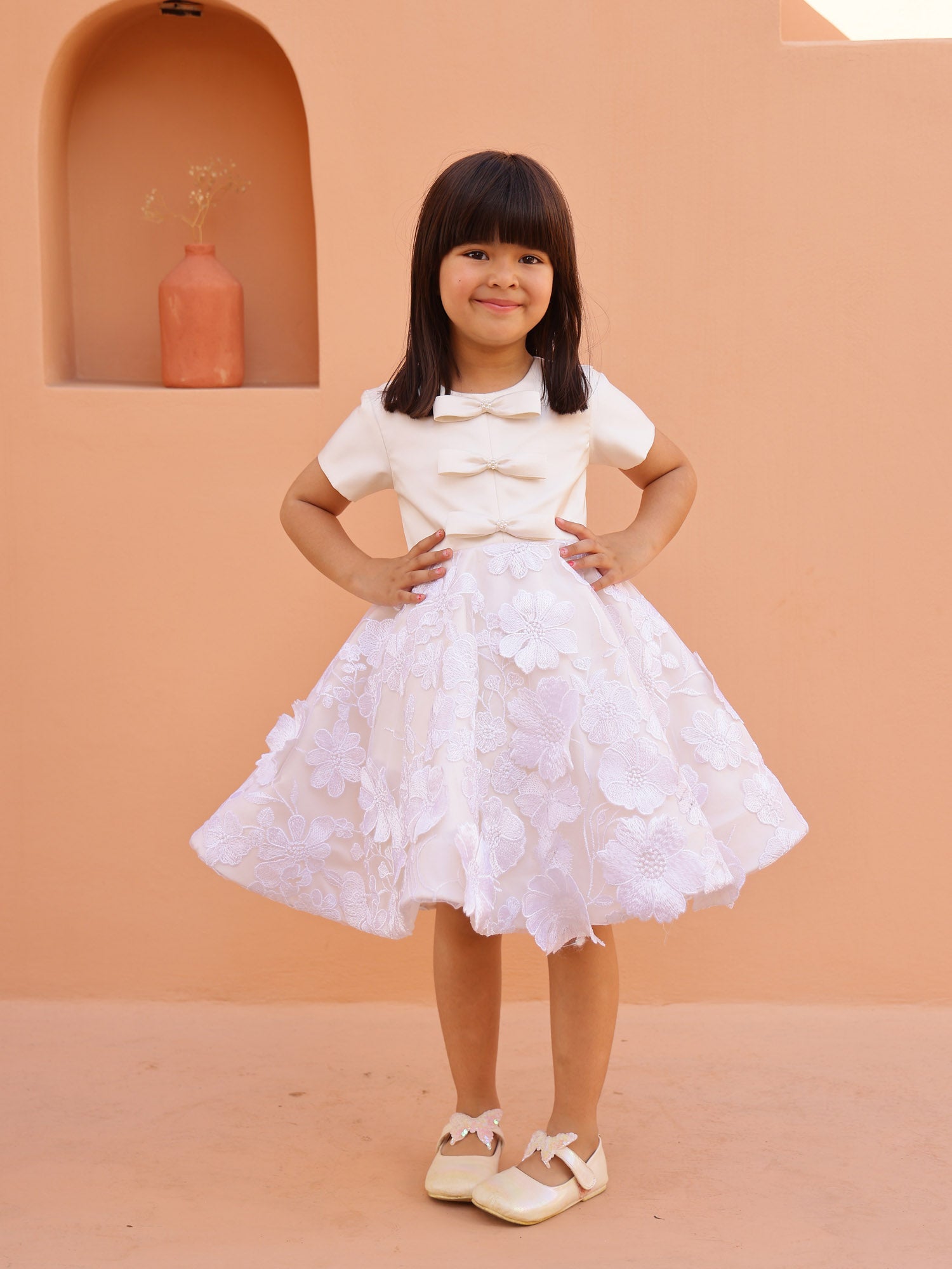 SAMPLE JANYAS CLOSET Off White Princess Grace 3D Flower Satin Dress