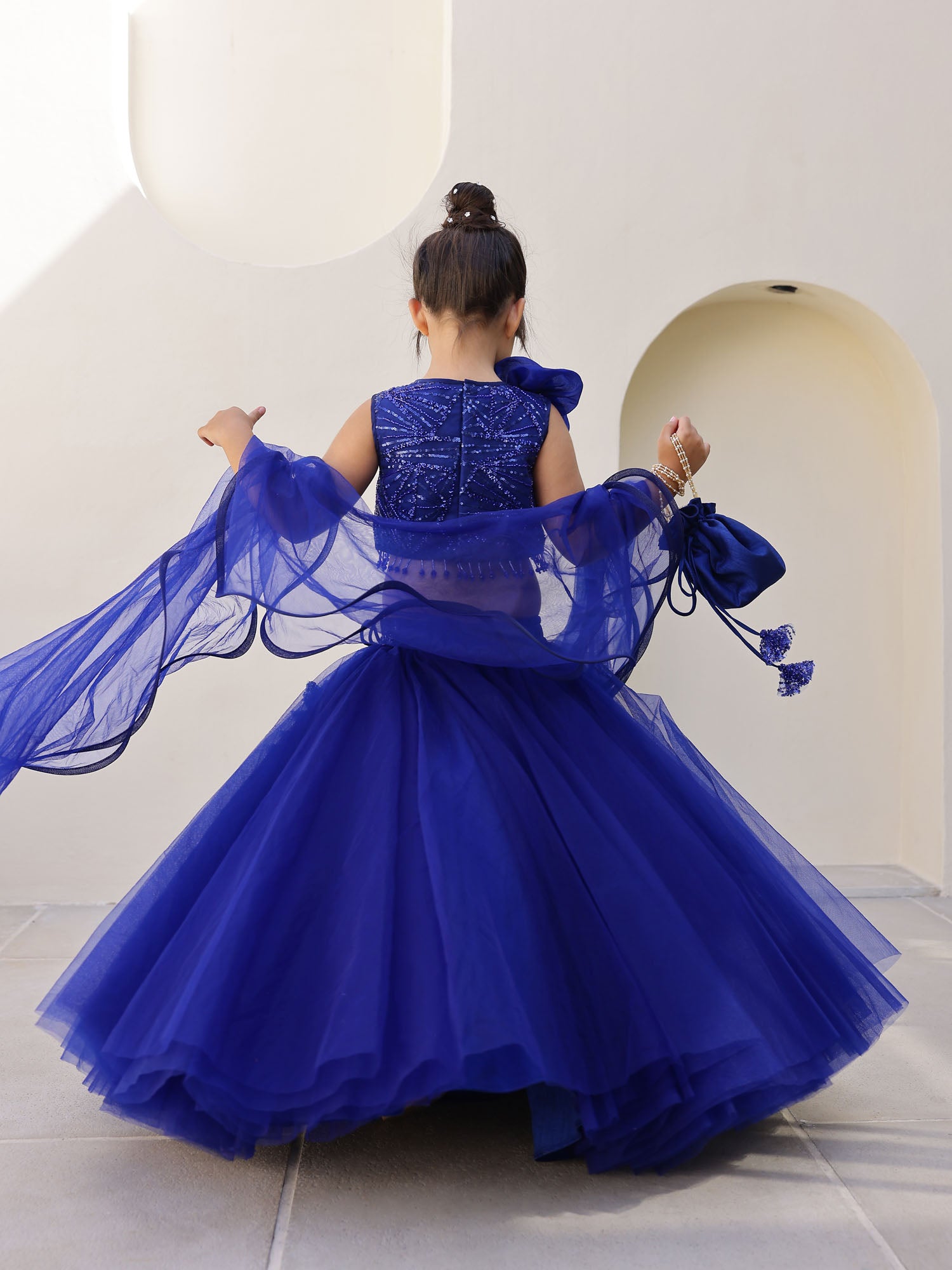 JANYAS CLOSET Royal Blue Perl Sequin Lehenga Set for Girls