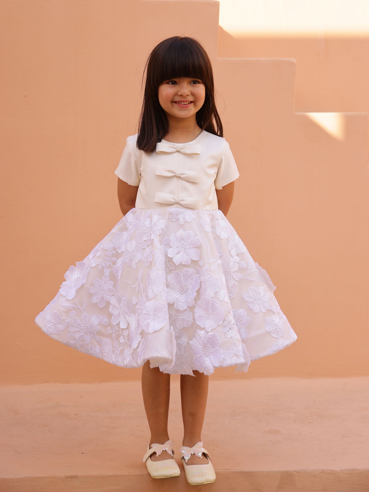 SAMPLE JANYAS CLOSET Off White Princess Grace 3D Flower Satin Dress