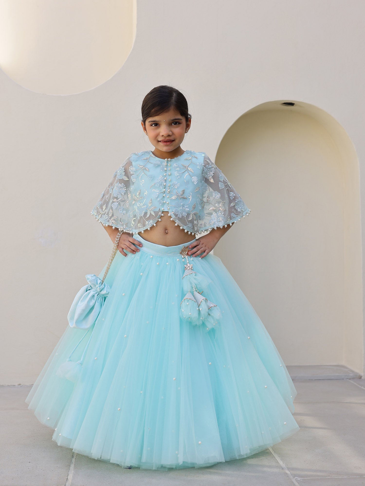JANYAS CLOSET Ocean Mist Embellished Cape Lehenga for girls