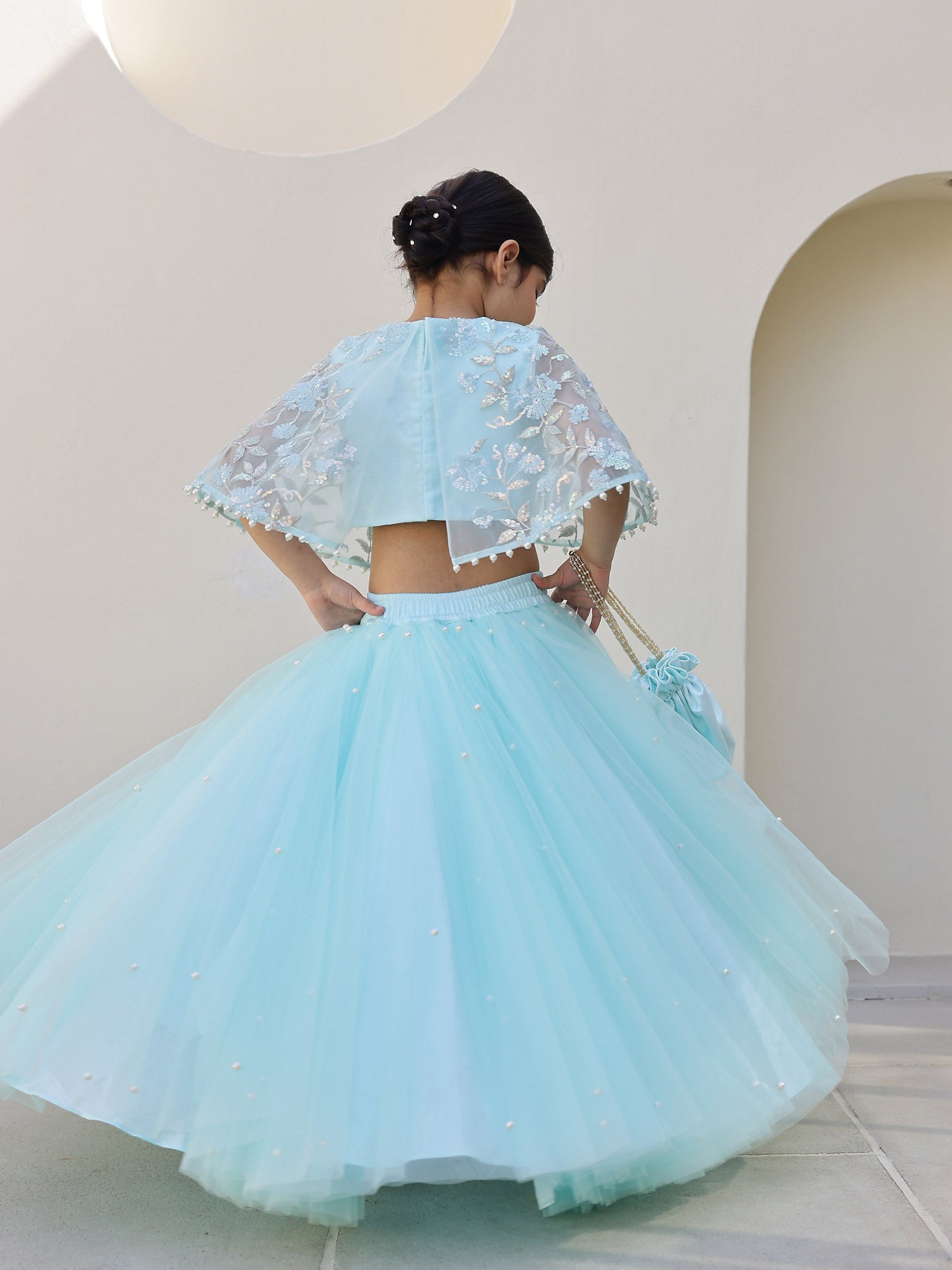 JANYAS CLOSET Ocean Mist Embellished Cape Lehenga for girls