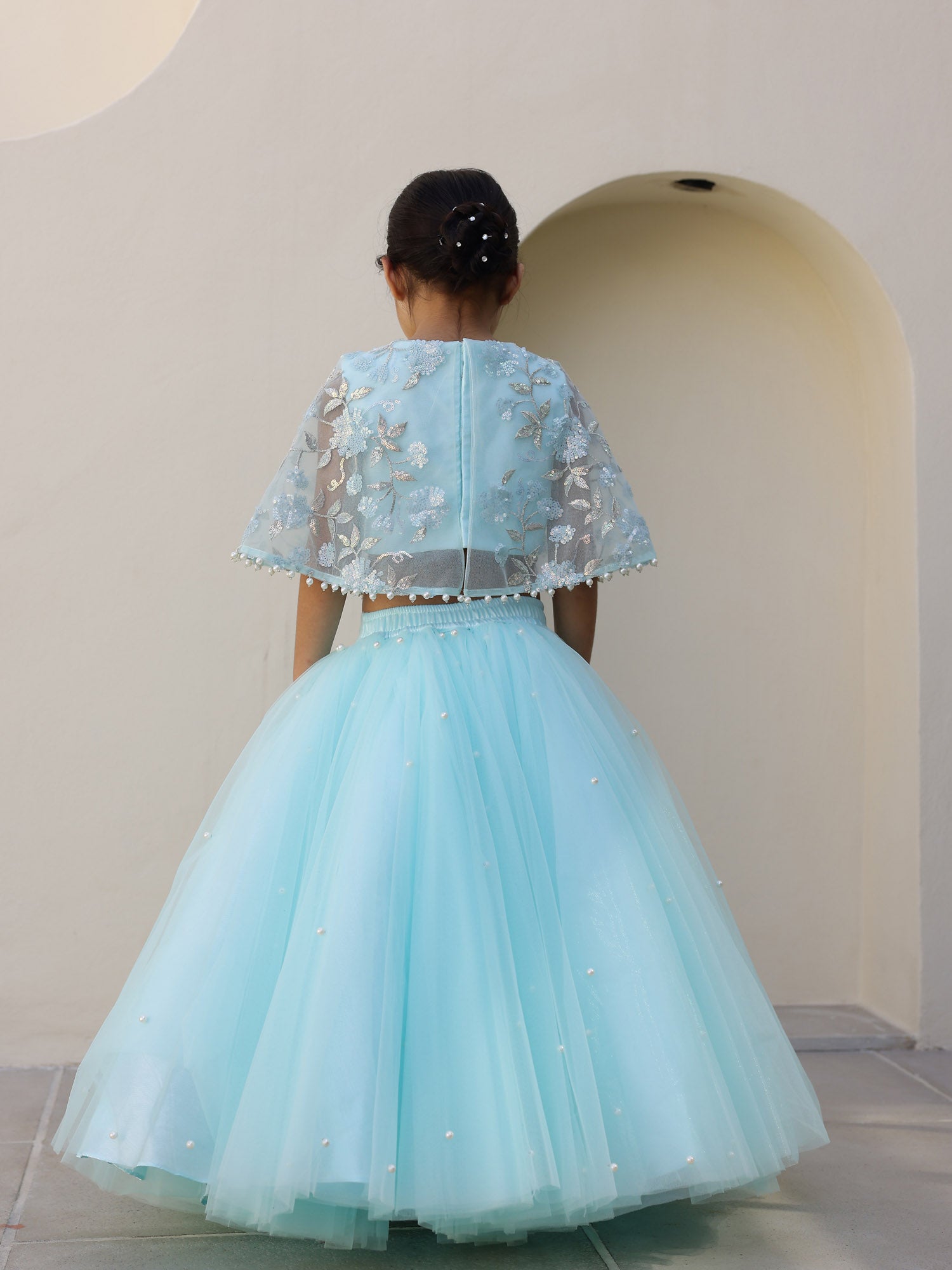 JANYAS CLOSET Ocean Mist Embellished Cape Lehenga for girls