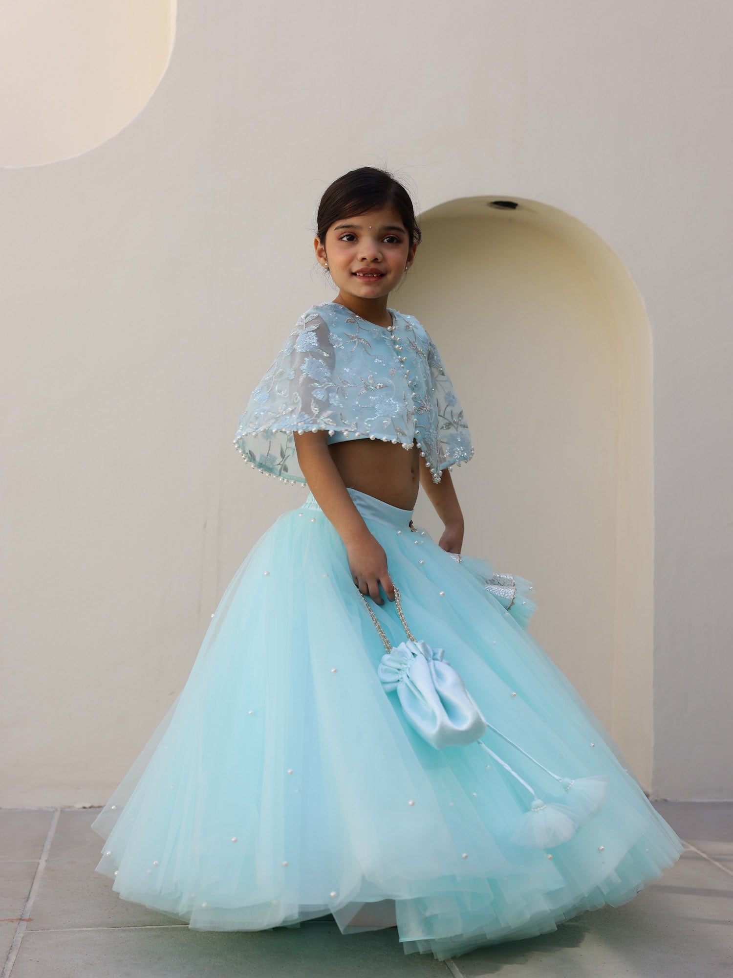 JANYAS CLOSET Ocean Mist Embellished Cape Lehenga for girls
