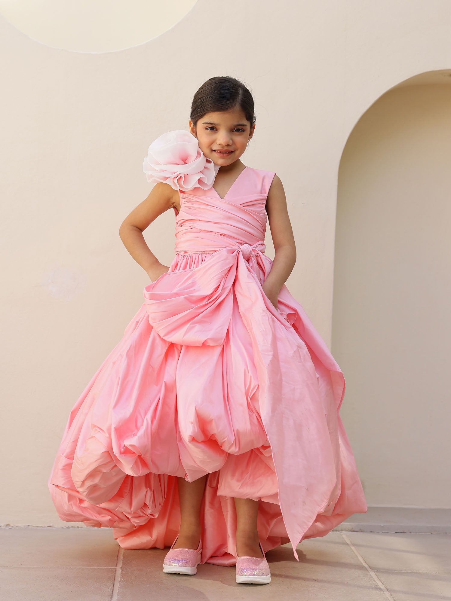 Girls Pink High Low Katarina Dress With Hair Pin
