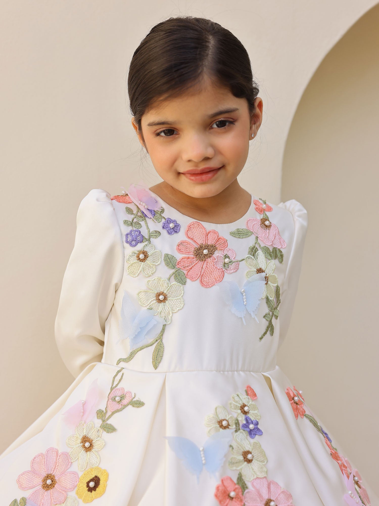 JANYAS CLOSET Off White Satin Dream Flower Dress With Sleeves