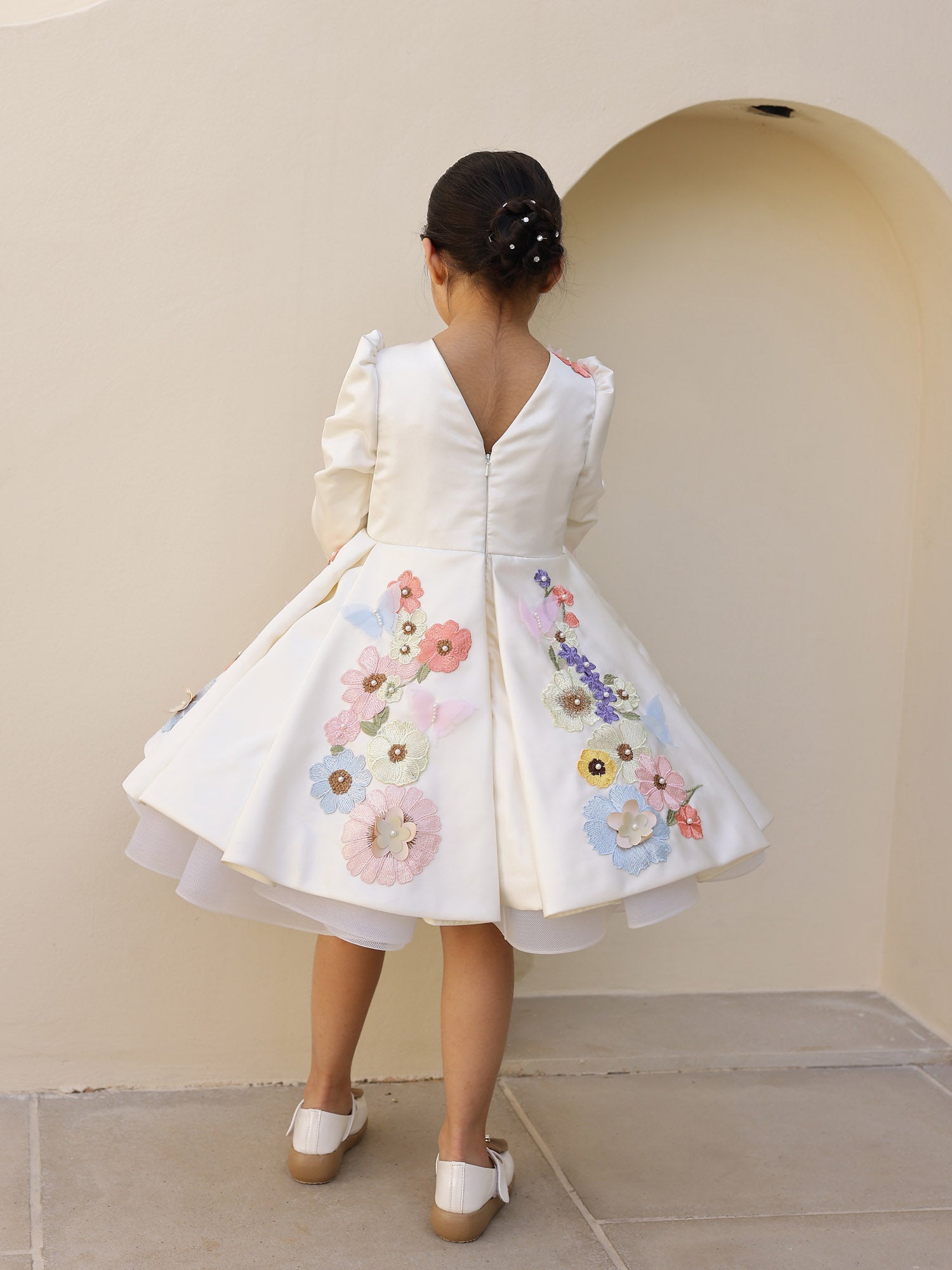 JANYAS CLOSET Off White Satin Dream Flower Dress With Sleeves