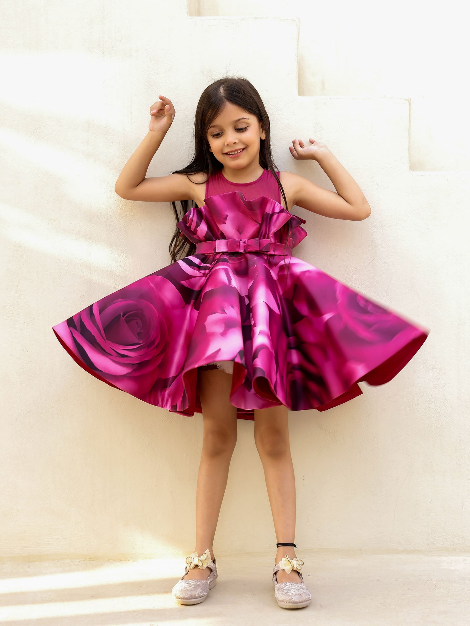 JANYAS CLOSET Charming Wine Rose Print Dress for Girls