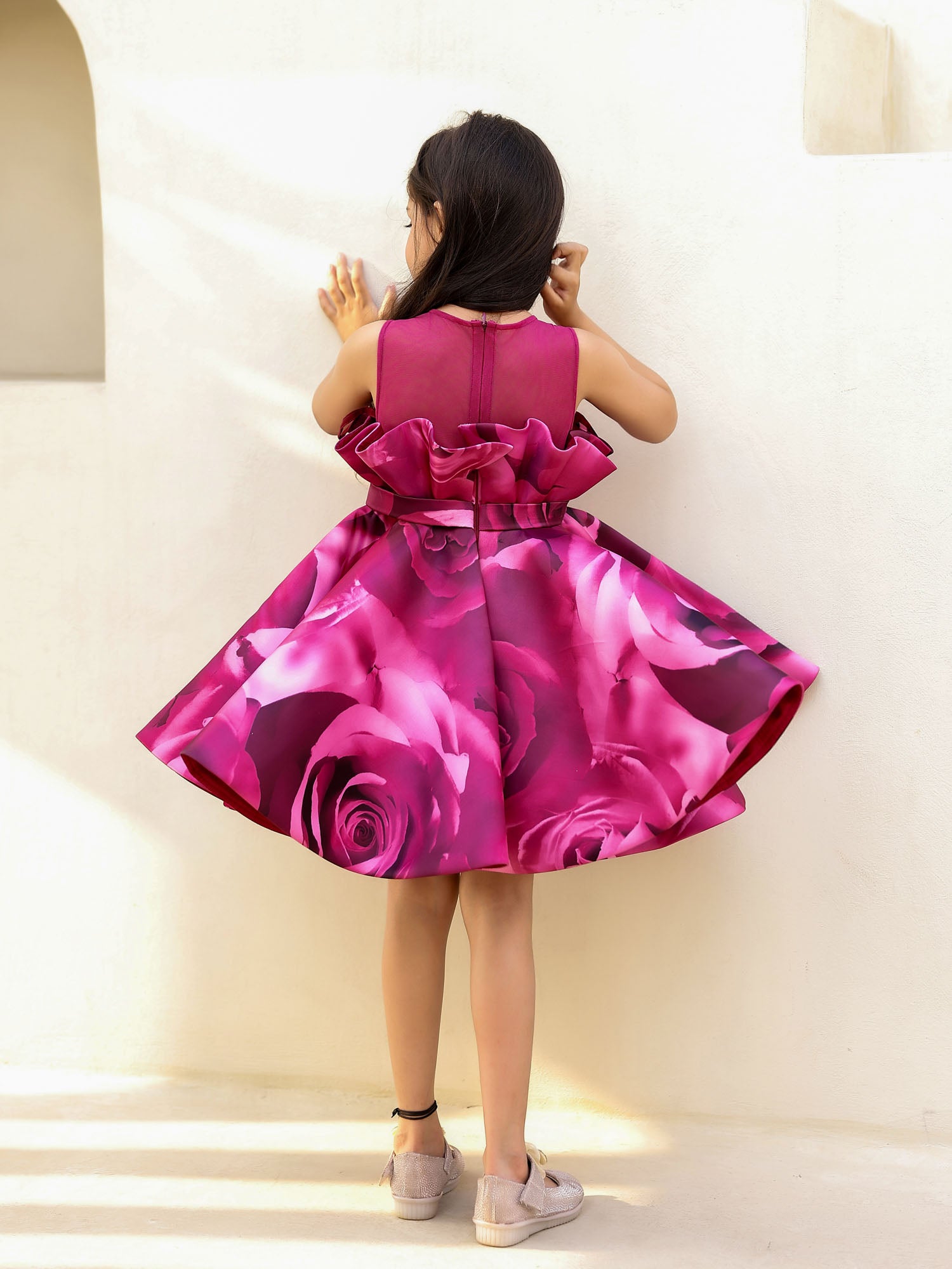 JANYAS CLOSET Charming Wine Rose Print Dress for Girls