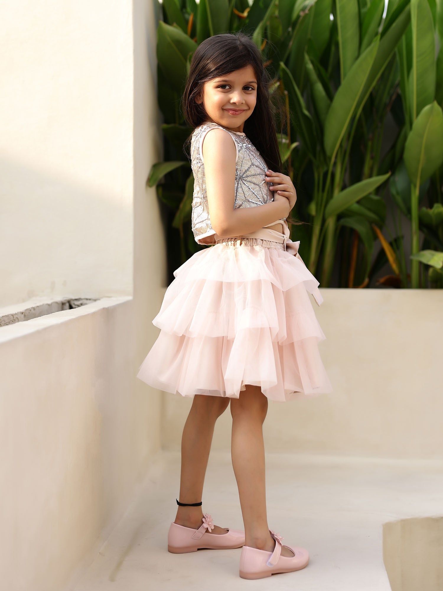 Sample Blush Ivory Tiered Skirt and Sequins Top for Girls