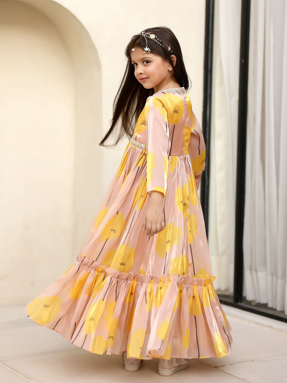 Sample JANYAS CLOSET Sandy Beige Front Open Anarkali with Printed Pants for Girls