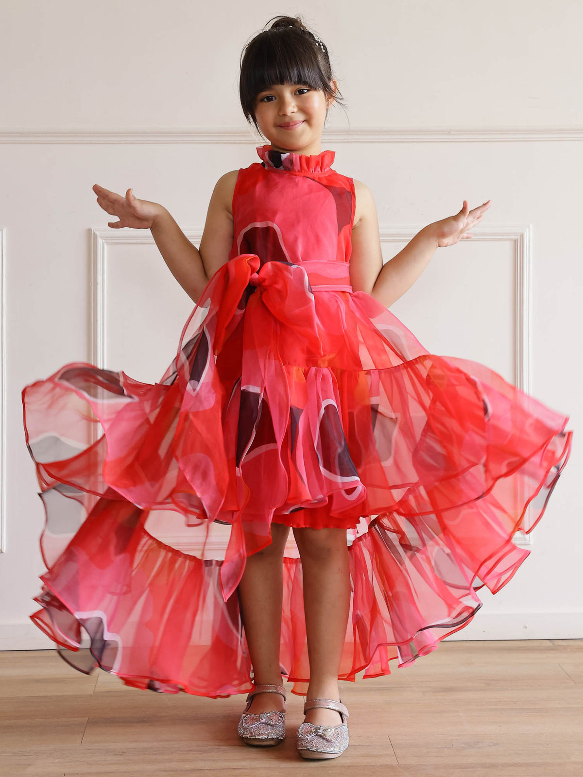 Red Abstract Print Organza High-Low Dress