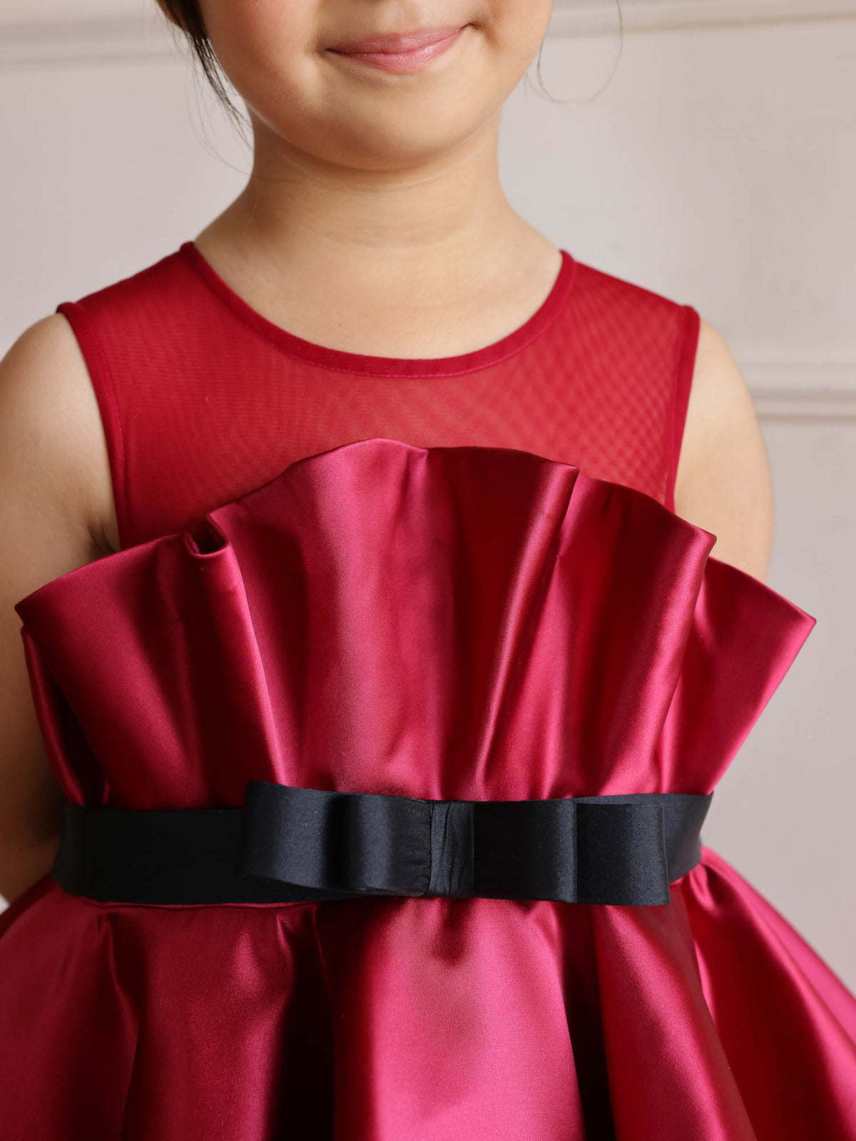 Girls Wine Crimson Satin Flare Dress with Bow Belt