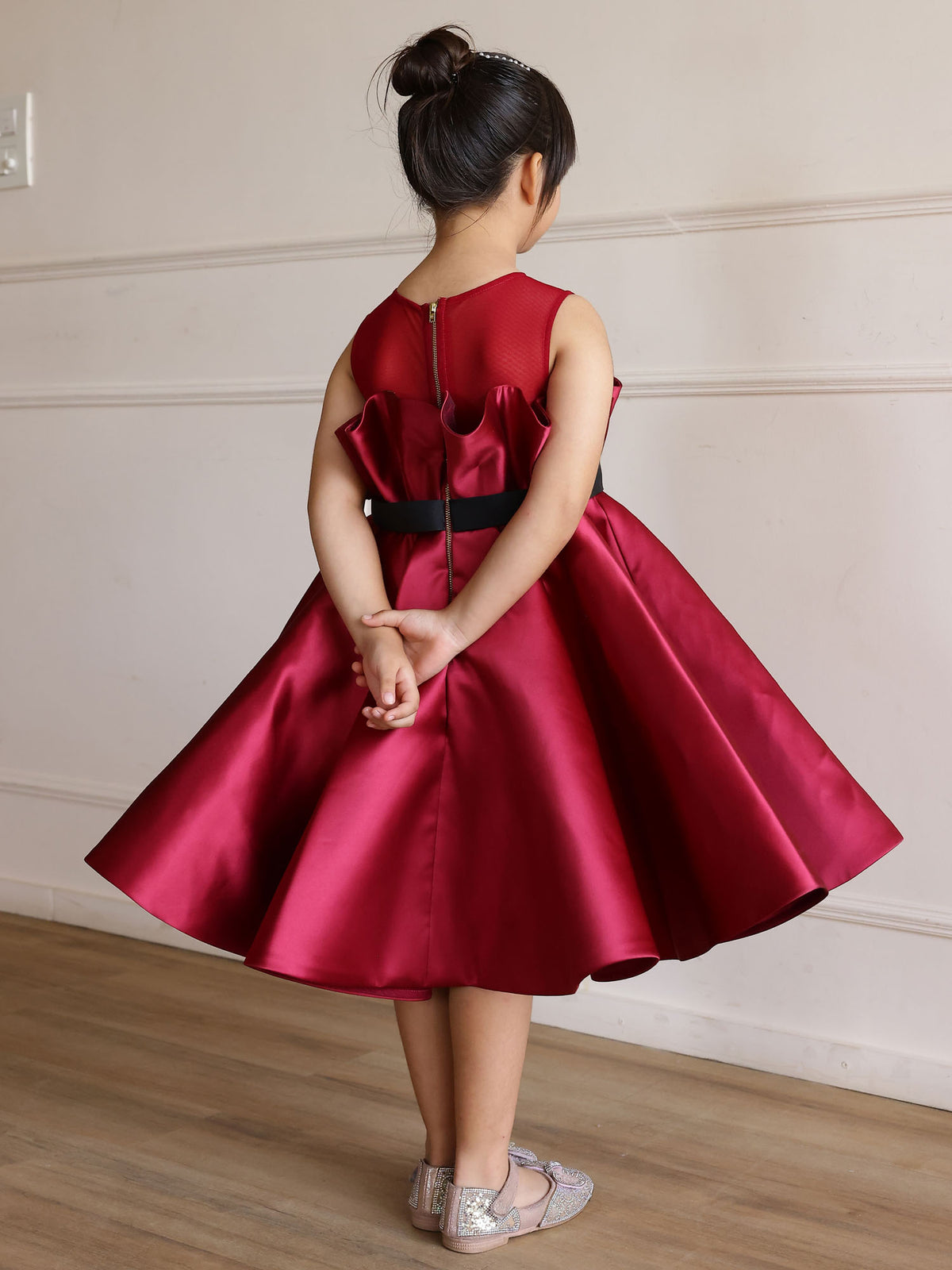 Girls Wine Crimson Satin Flare Dress with Bow Belt