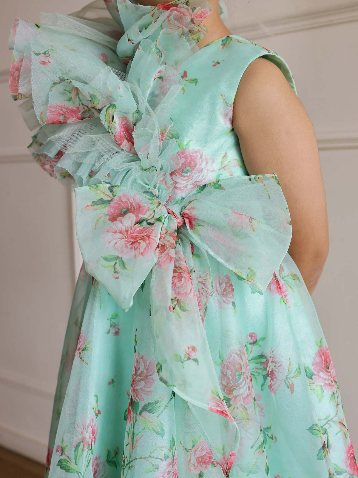 Girls Whimsy Floral Green Ruffle Bow Party Dress