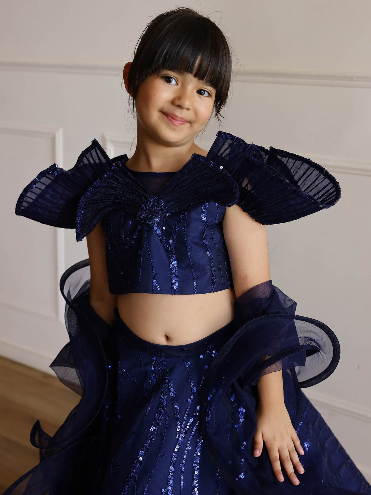 Girls Navy Blue Sequin Lehenga Set