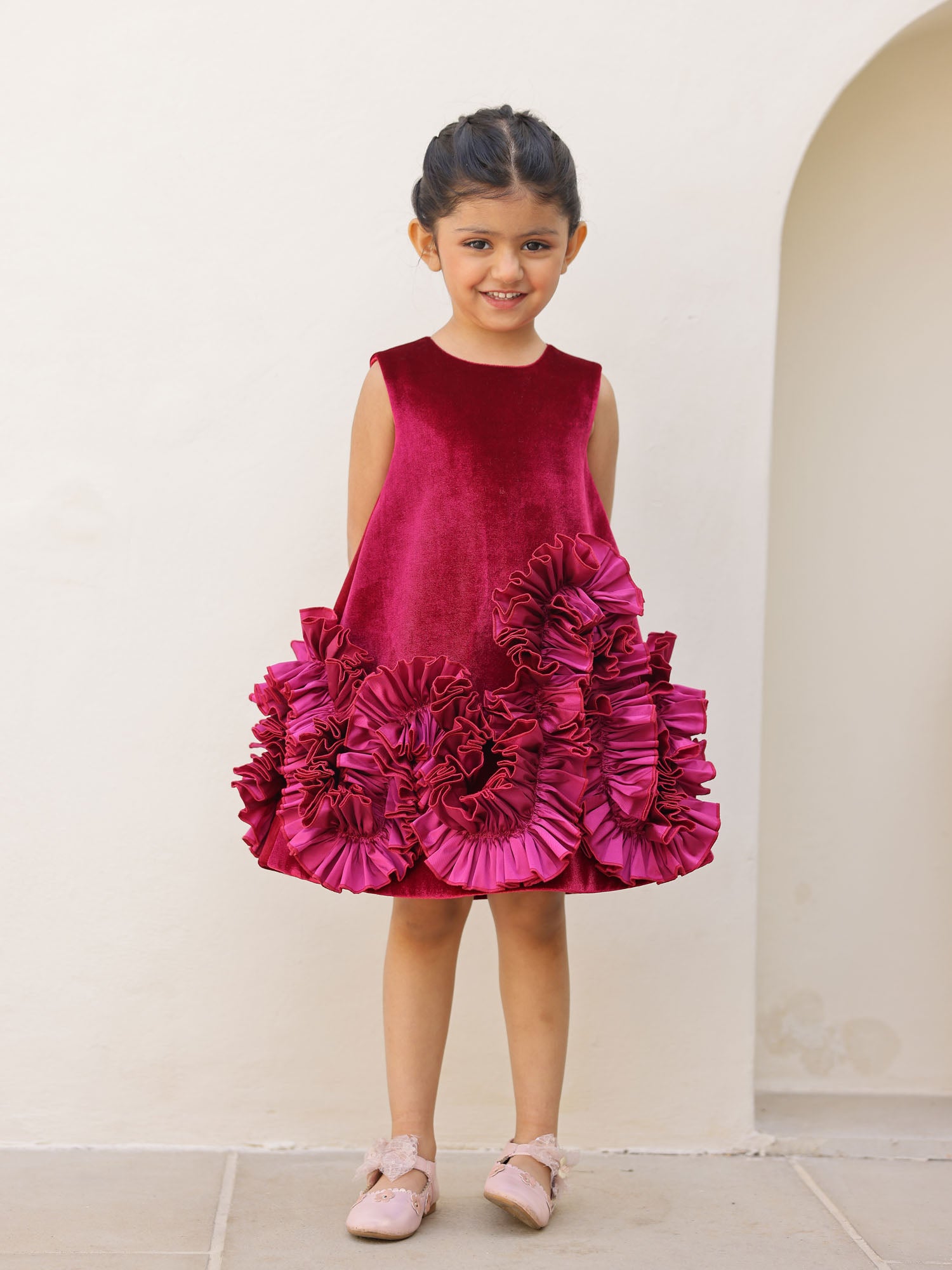 JANYAS CLOSET Aurelia Wine Velvet Ruffle Dress