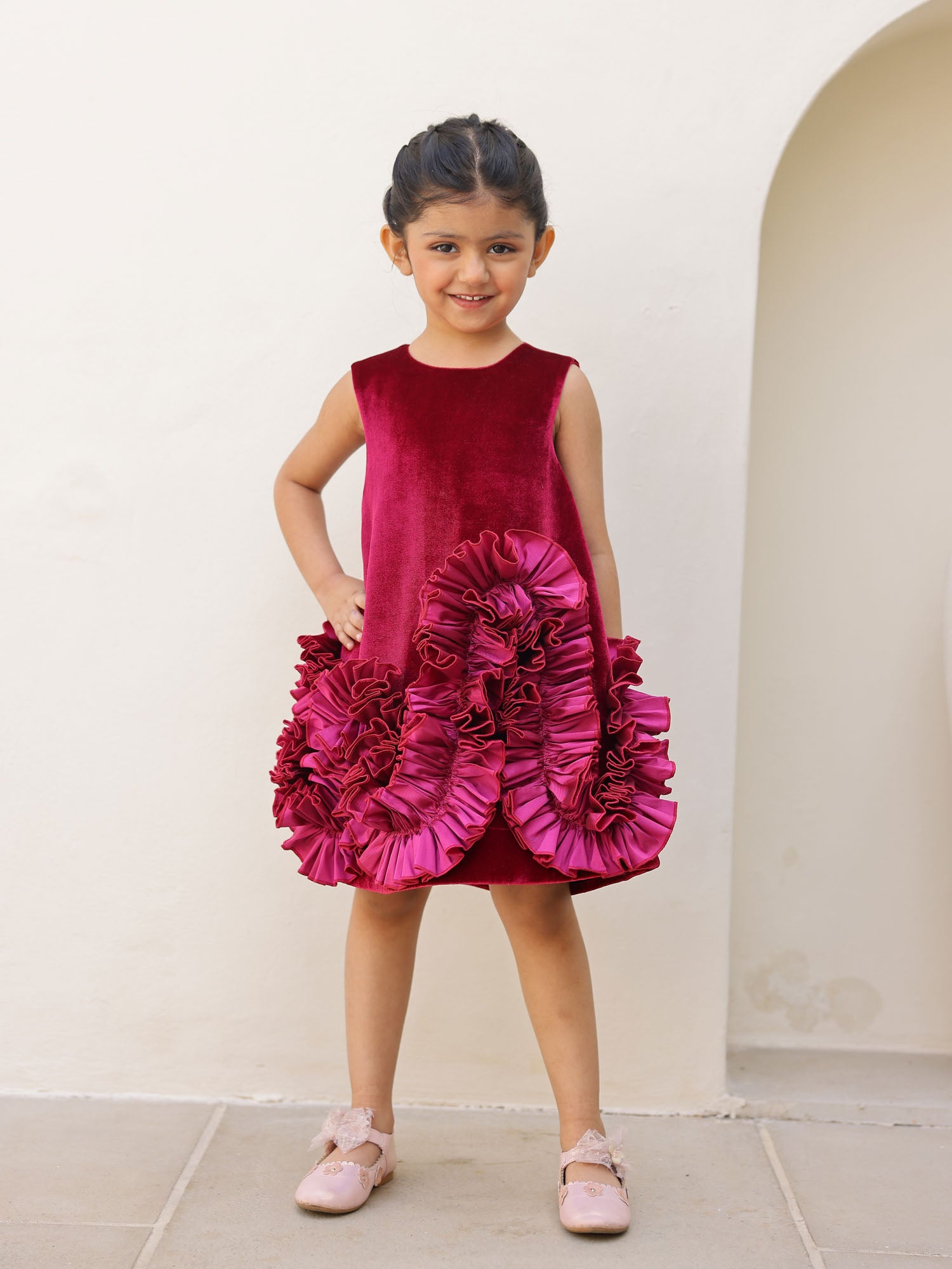 JANYAS CLOSET Aurelia Wine Velvet Ruffle Dress