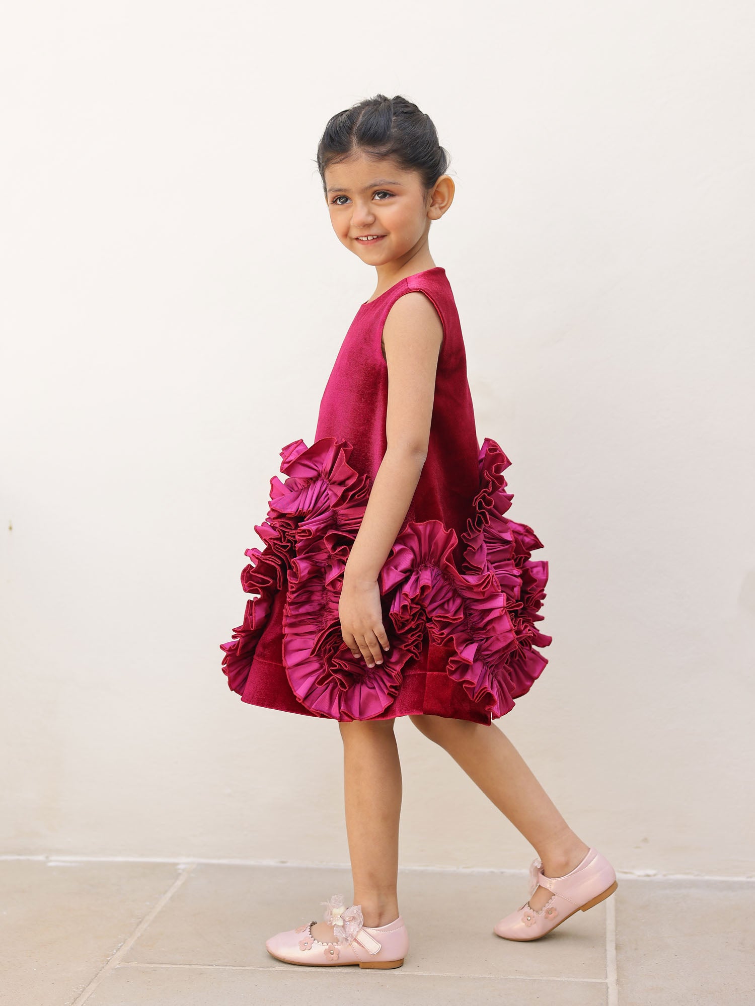 JANYAS CLOSET Aurelia Wine Velvet Ruffle Dress