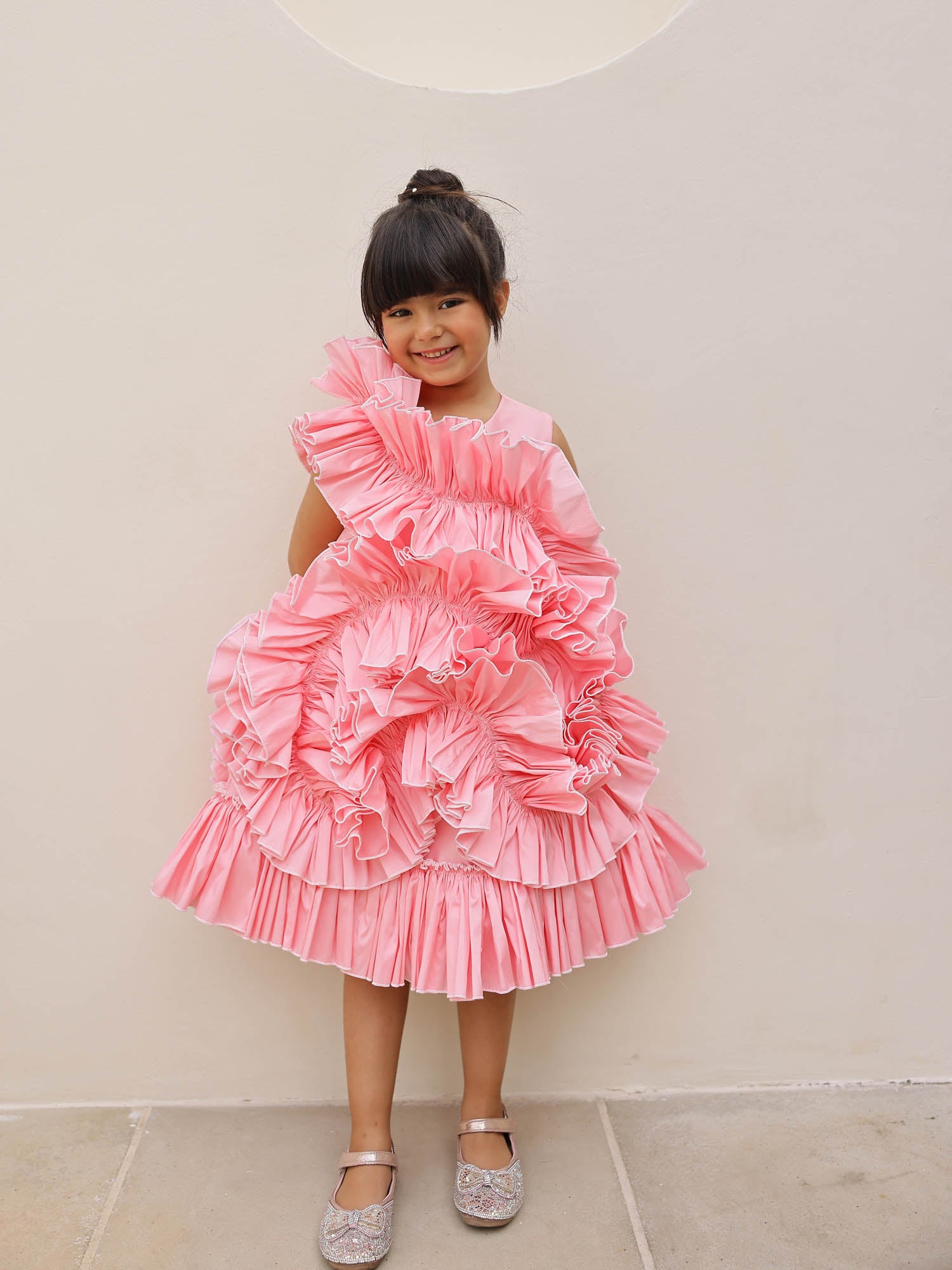 JANYAS CLOSET Taffeta Rosé Ruffle Party Dress