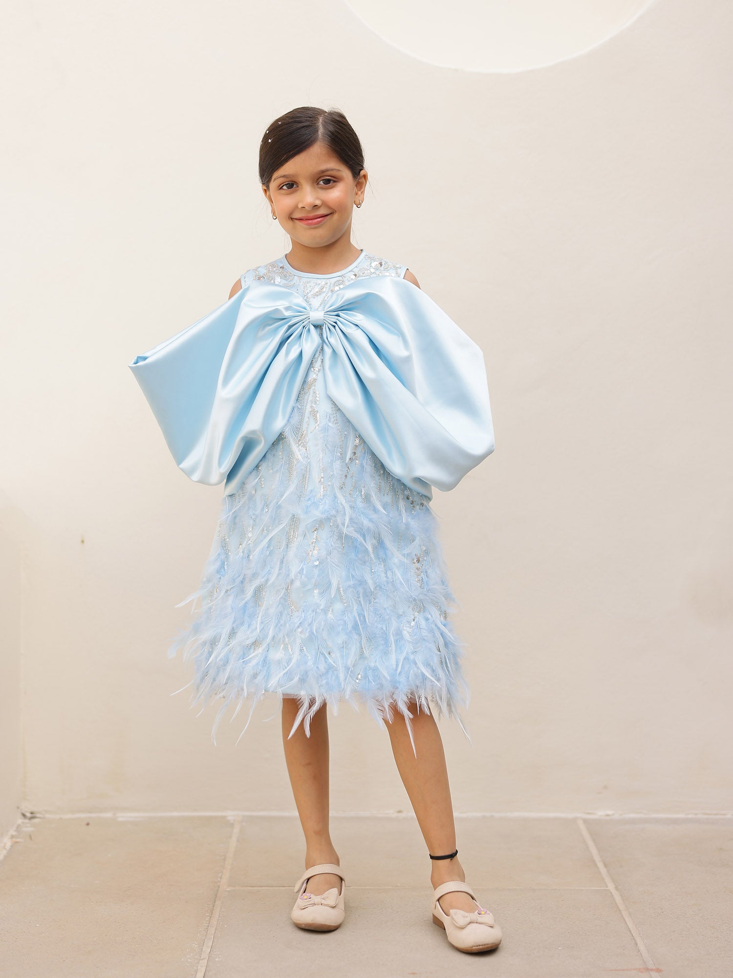 JANYAS CLOSET Elysia Blue Satin Bow Feather Dress
