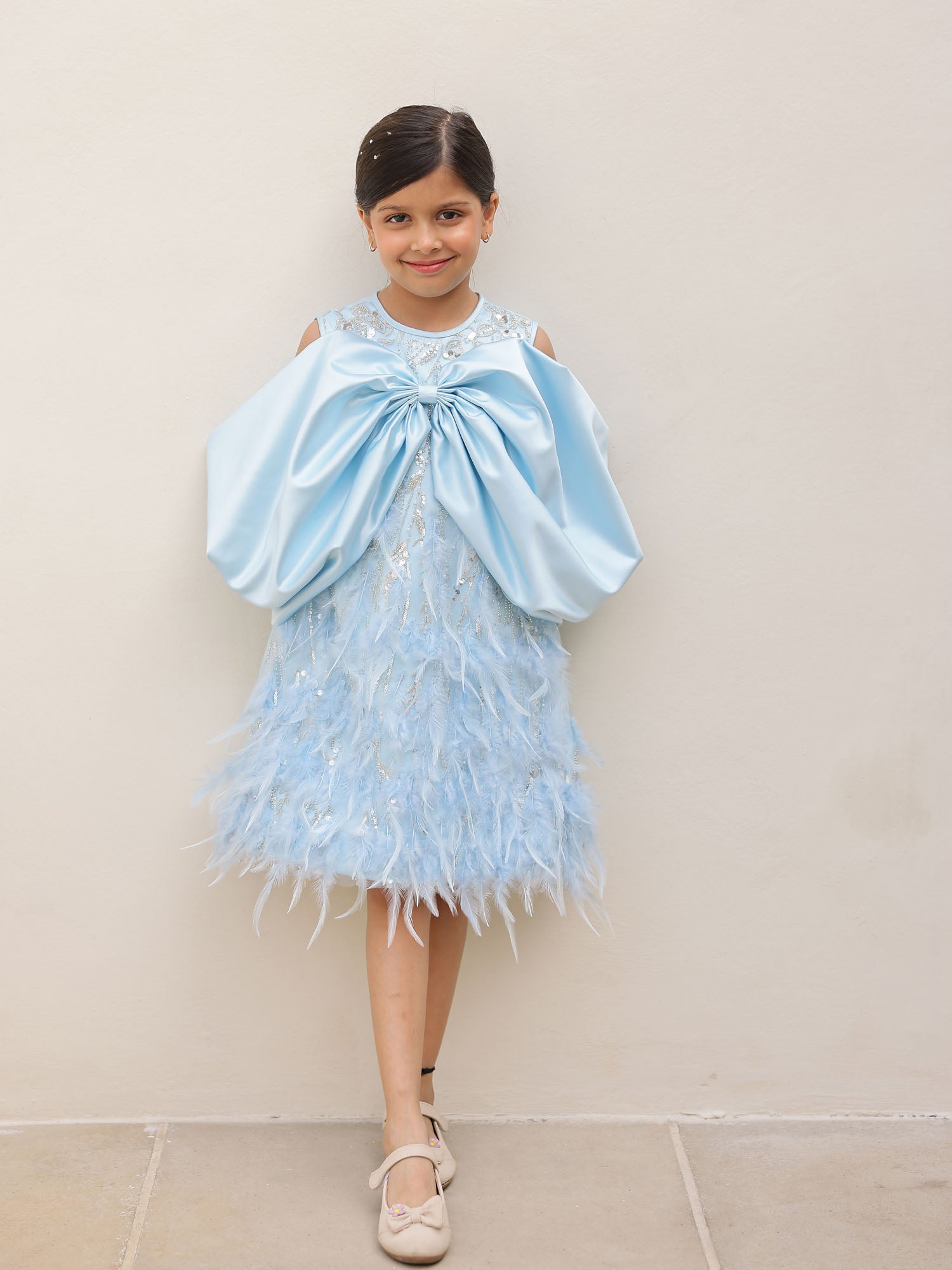 JANYAS CLOSET Elysia Blue Satin Bow Feather Dress