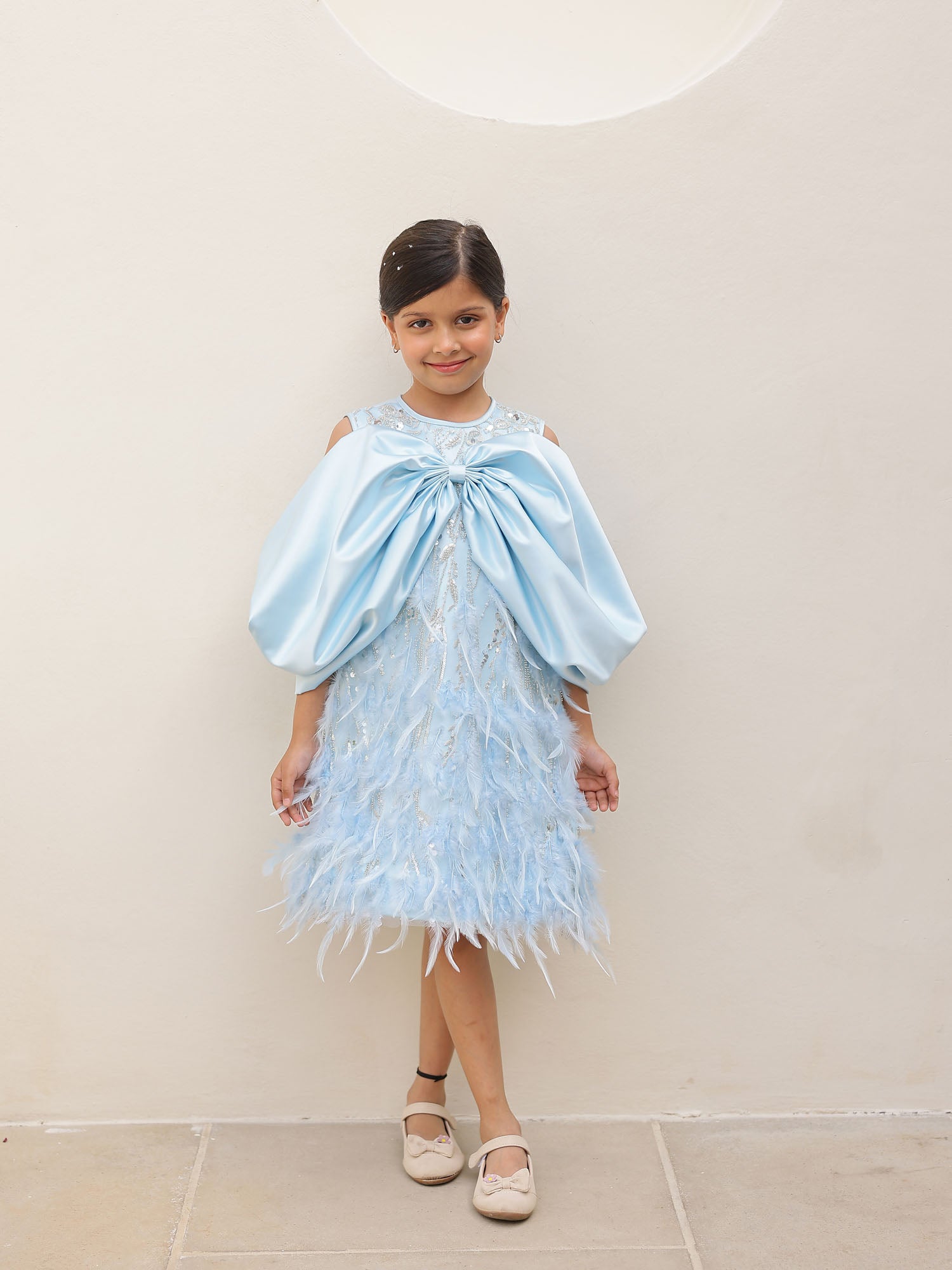 JANYAS CLOSET Elysia Blue Satin Bow Feather Dress