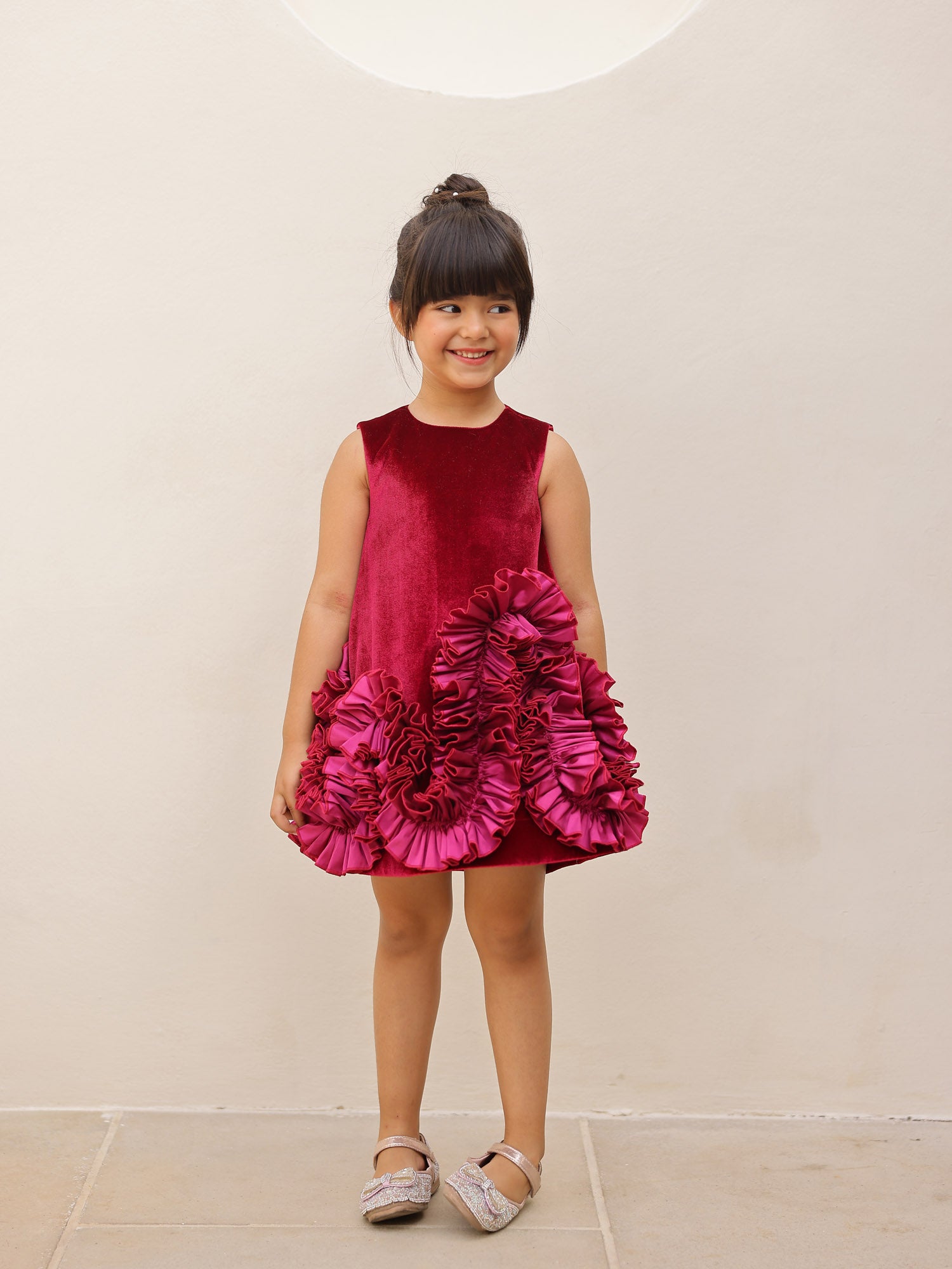 JANYAS CLOSET Aurelia Wine Velvet Ruffle Dress