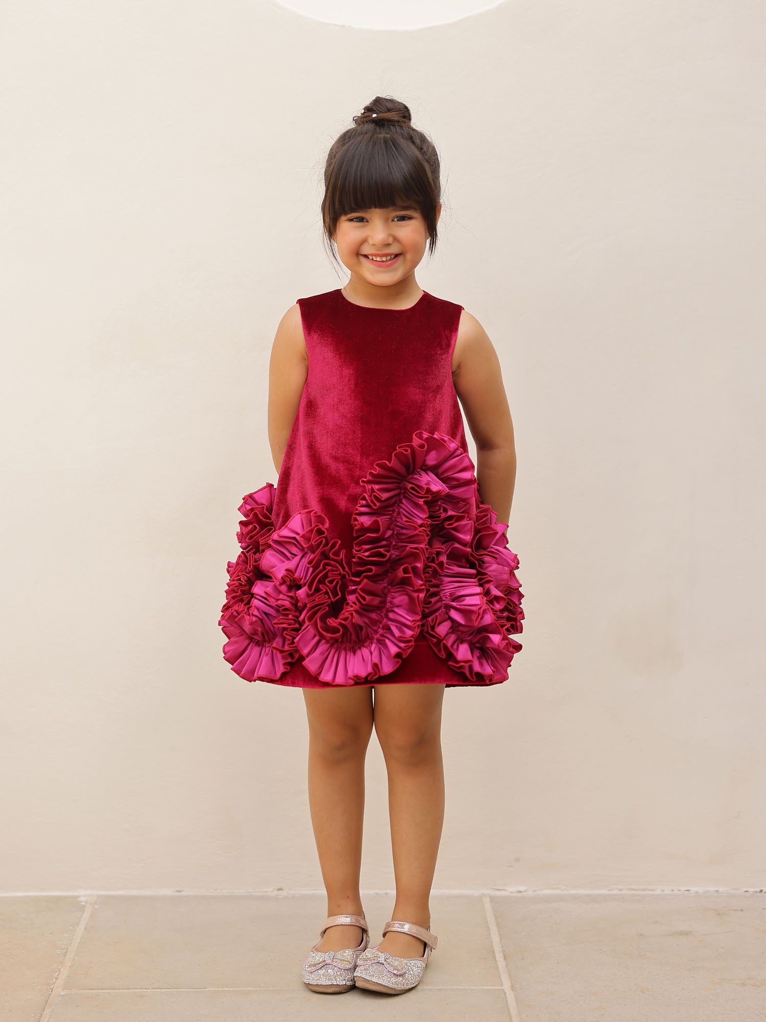 JANYAS CLOSET Aurelia Wine Velvet Ruffle Dress