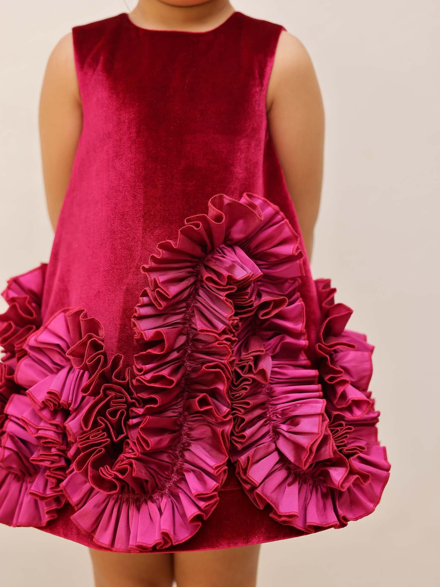 JANYAS CLOSET Aurelia Wine Velvet Ruffle Dress