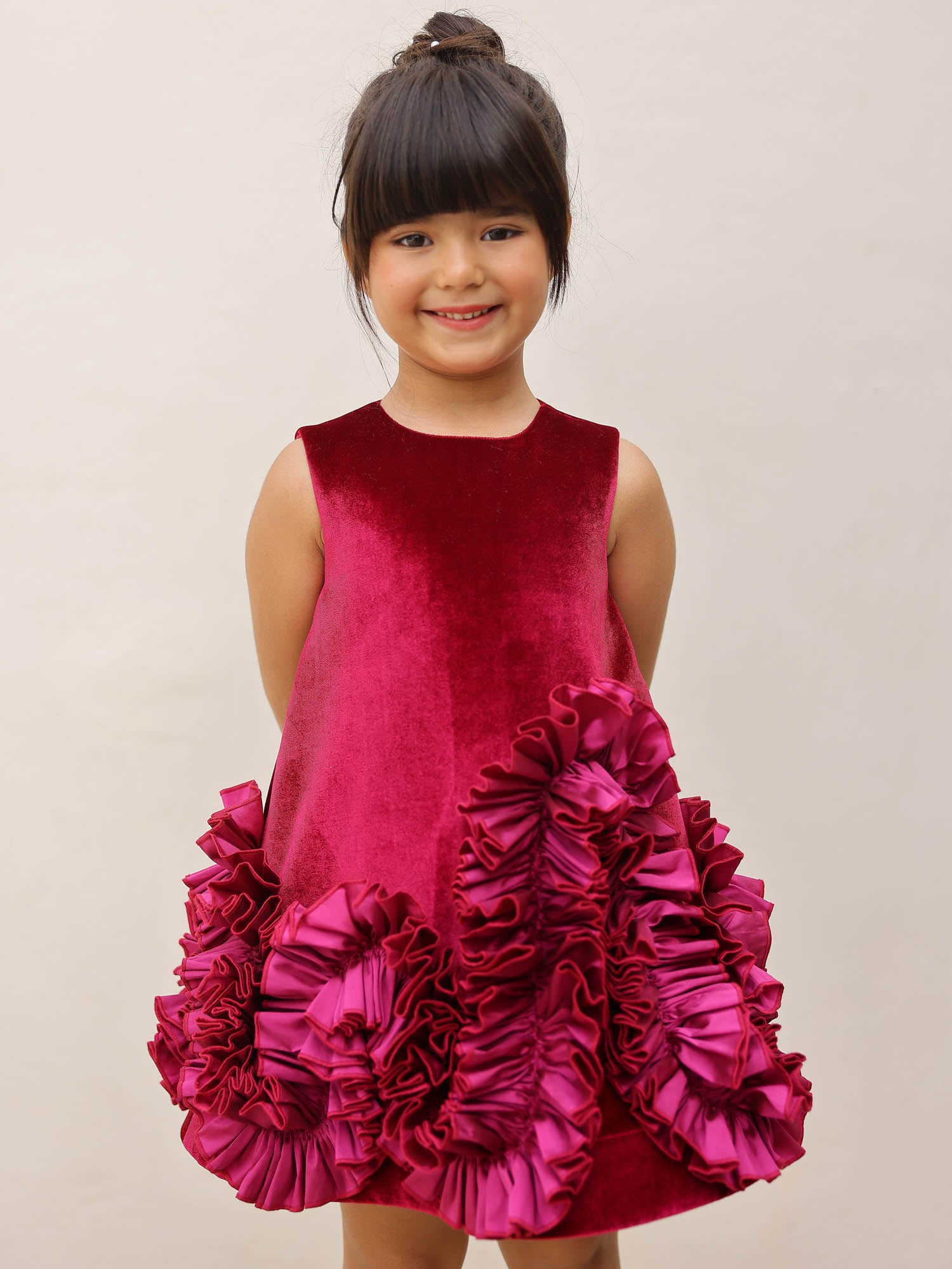 JANYAS CLOSET Aurelia Wine Velvet Ruffle Dress