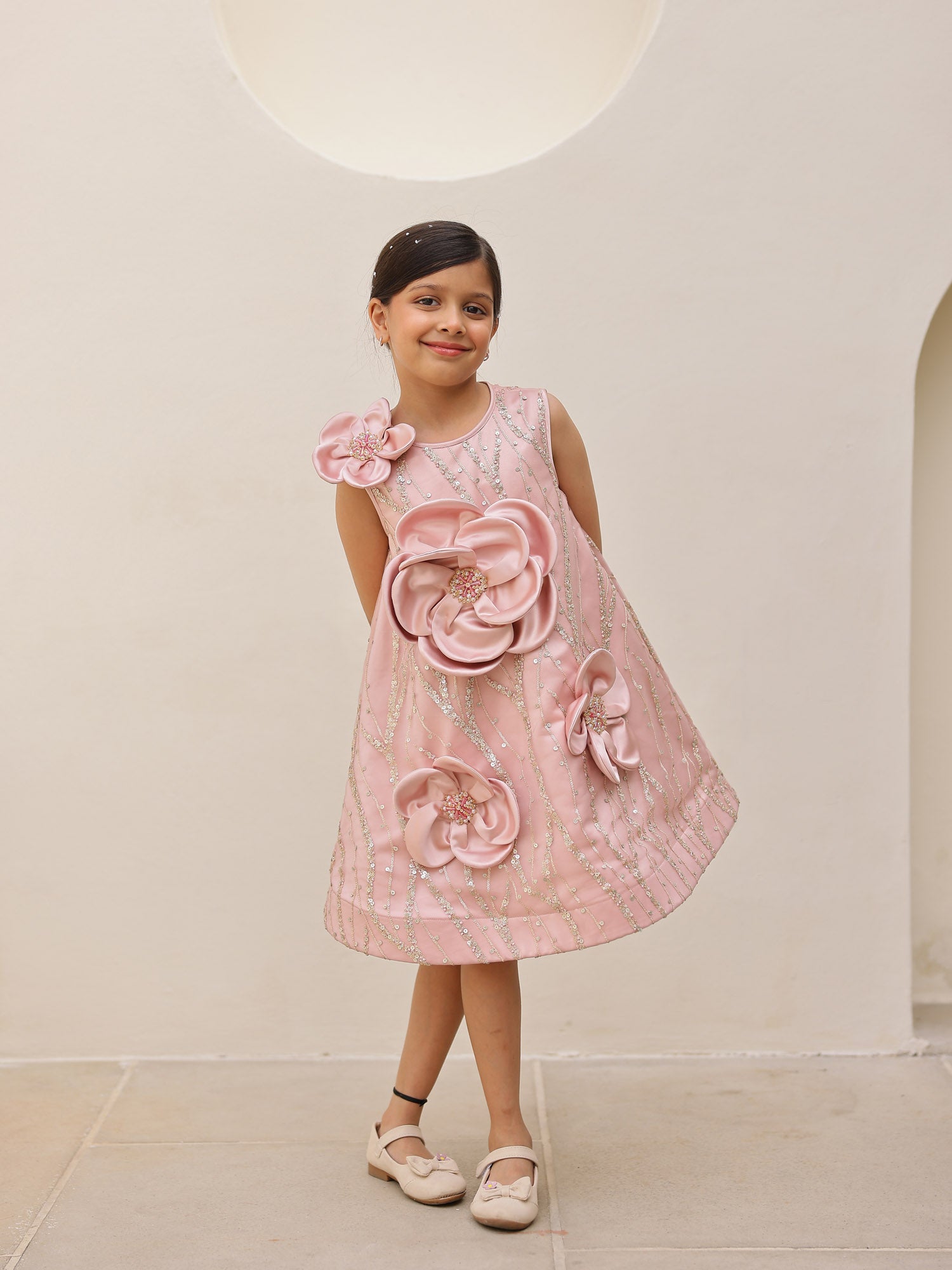 JANYAS CLOSET Blush Pink Satin Flower Appliqué Party Dress