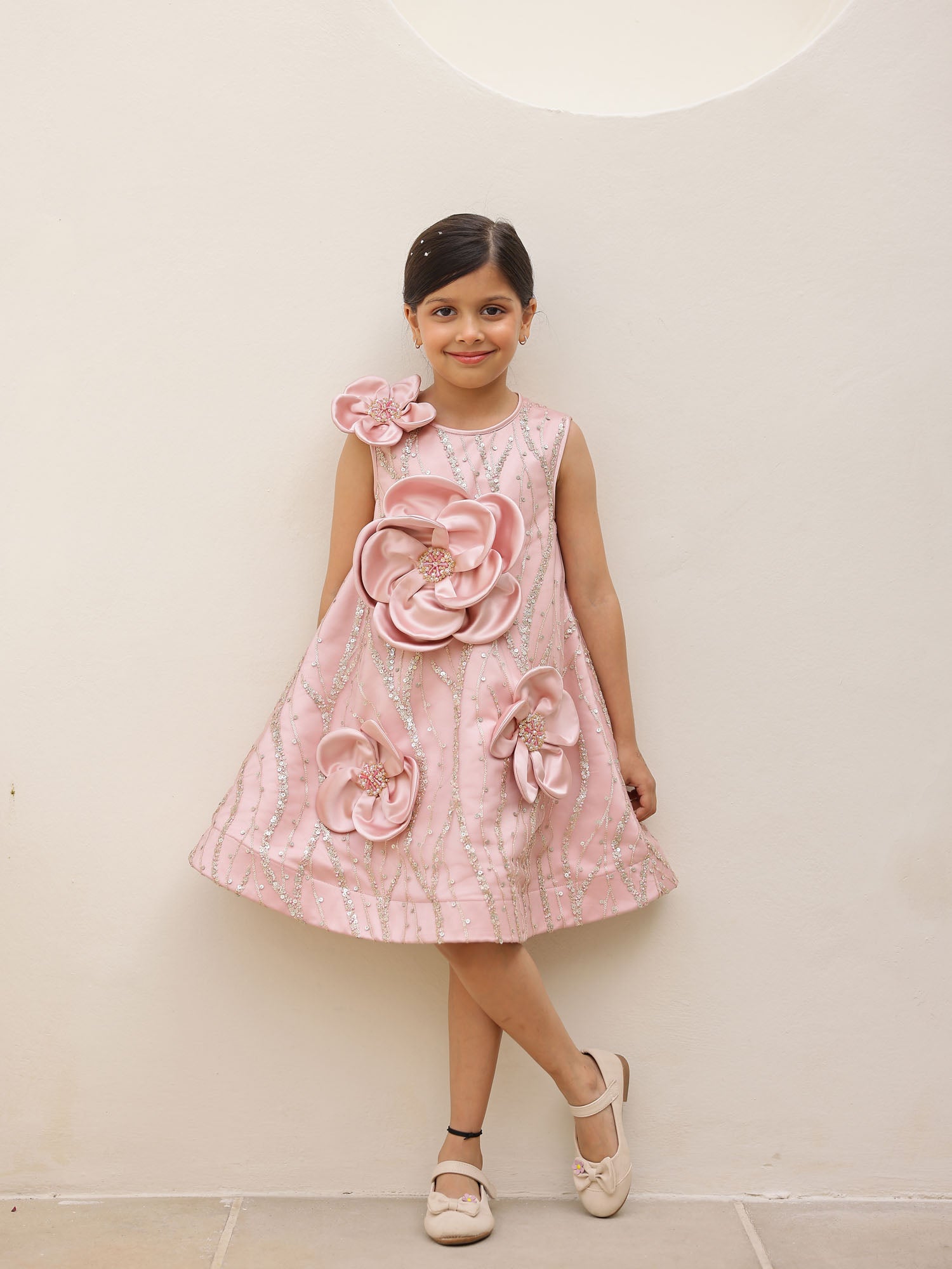 JANYAS CLOSET Blush Pink Satin Flower Appliqué Party Dress