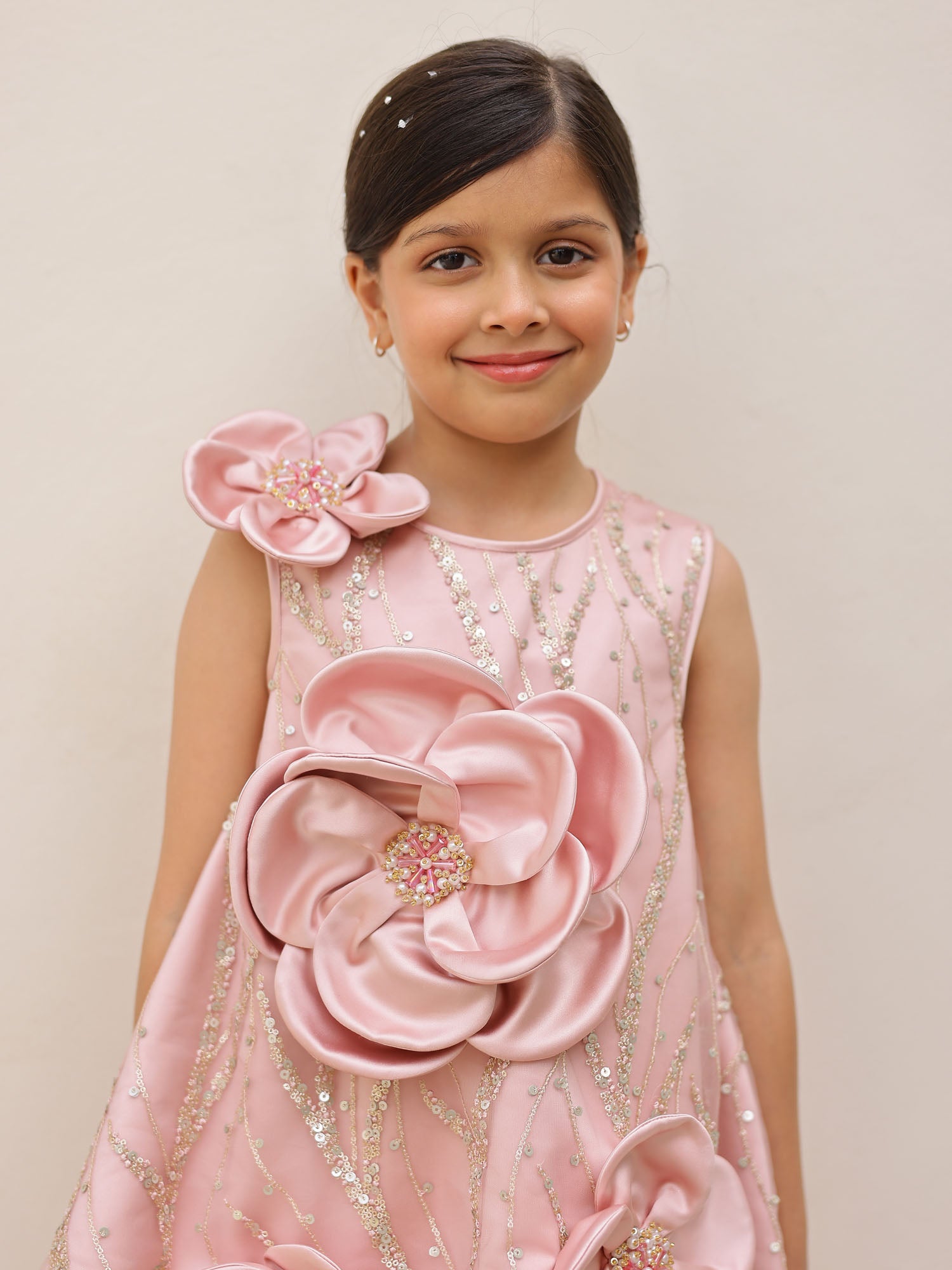 JANYAS CLOSET Blush Pink Satin Flower Appliqué Party Dress