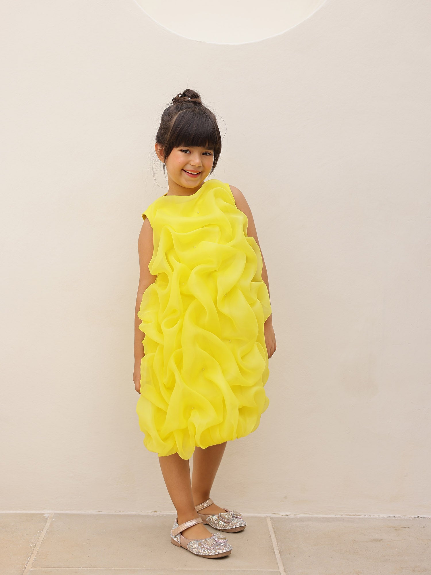 JANYAS CLOSET Yellow Celestial Tuck Ruffle Dress