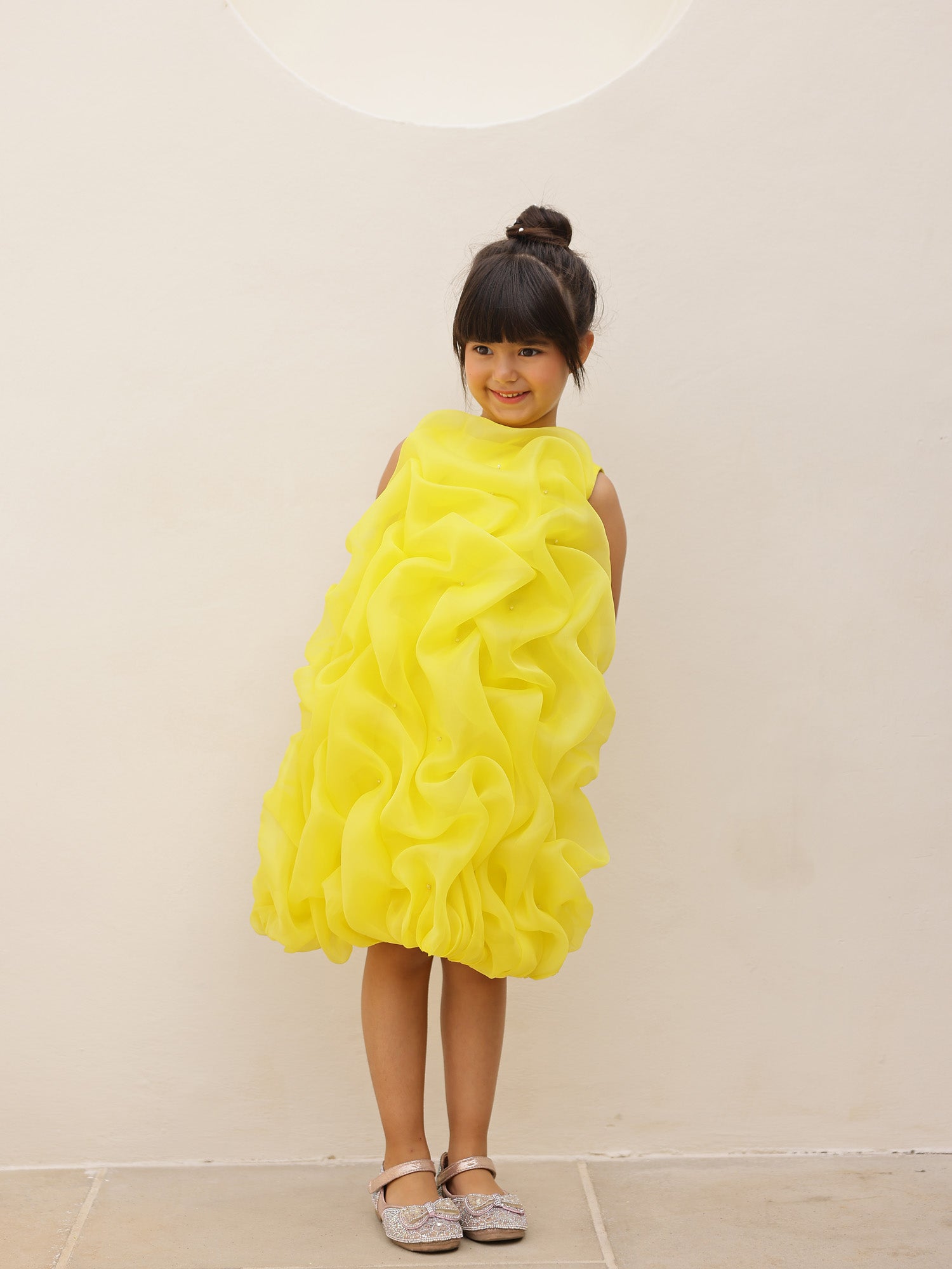JANYAS CLOSET Yellow Celestial Tuck Ruffle Dress