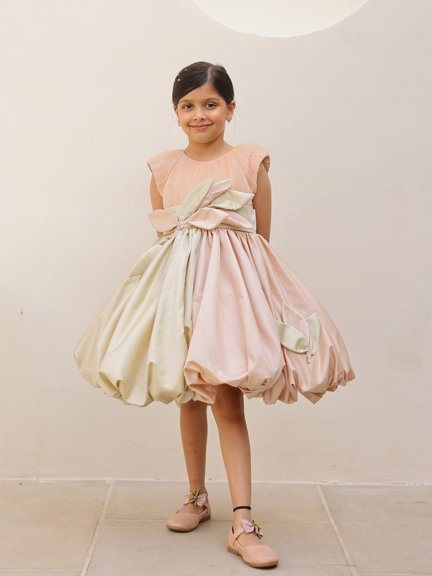 Luxury double color satin kids party dress with petal waist