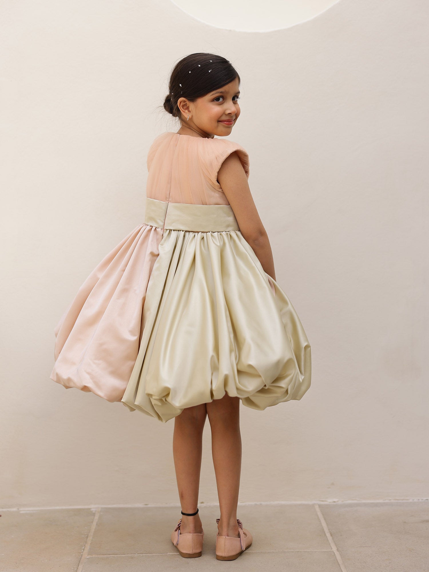 Ivory and blush bubble hem designer dress for girls