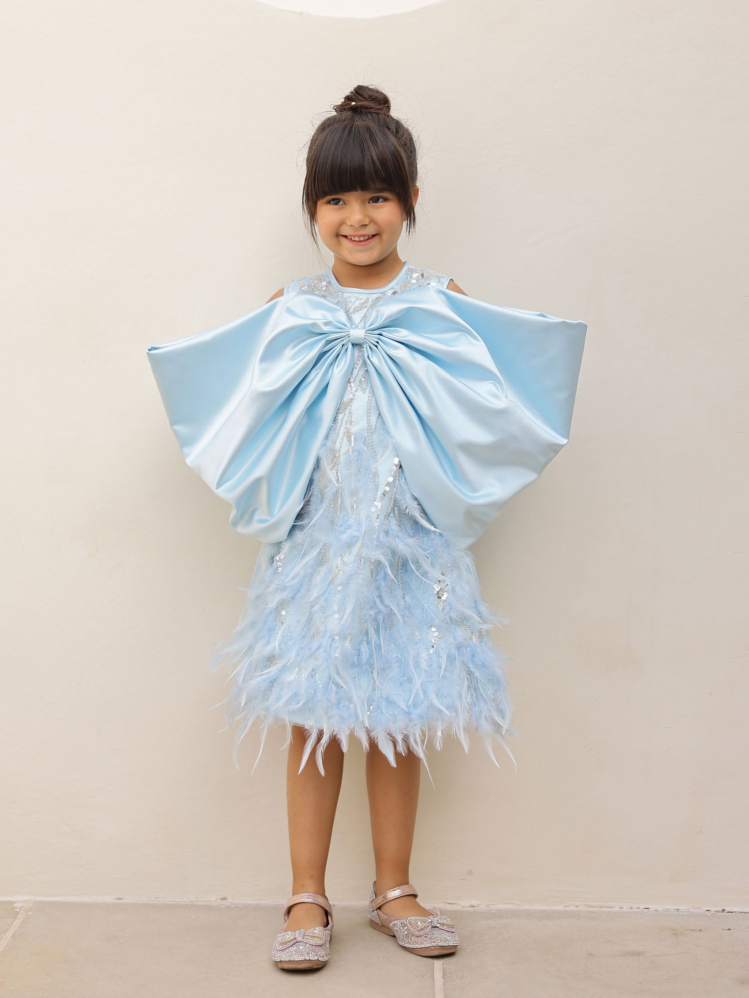 JANYAS CLOSET Elysia Blue Satin Bow Feather Dress