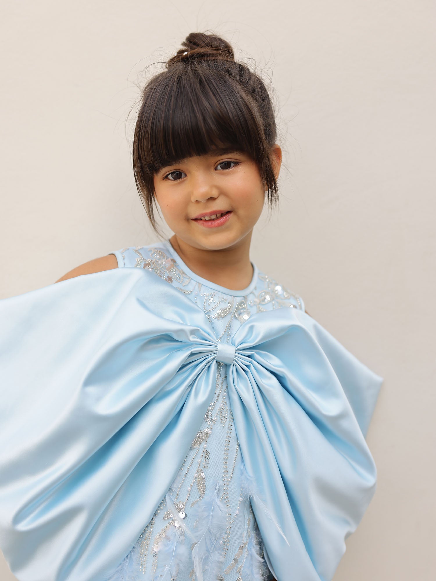 JANYAS CLOSET Elysia Blue Satin Bow Feather Dress