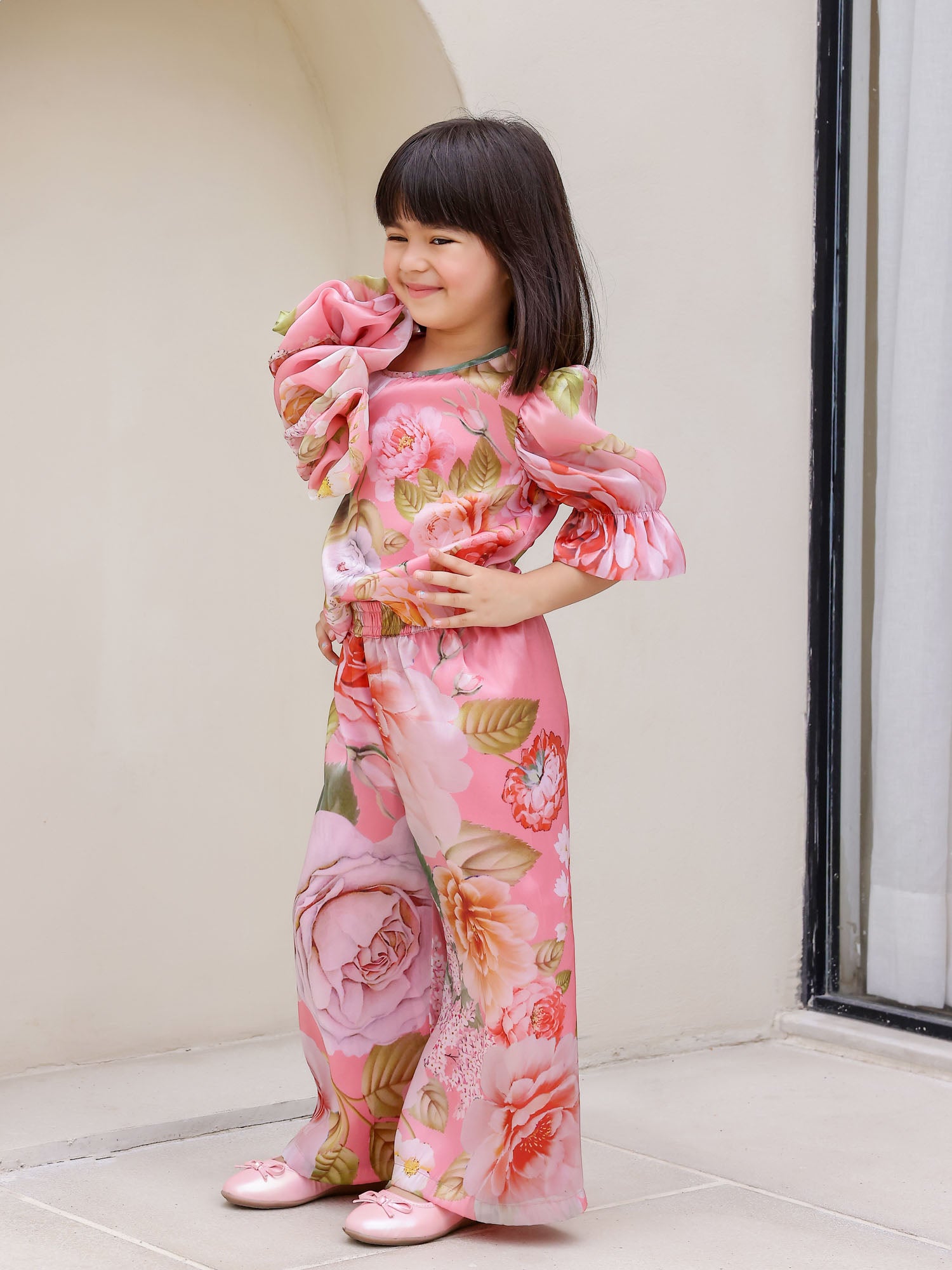 JANAYAS CLOSET: Peach Flower Printed Co-Ord Set for Girls