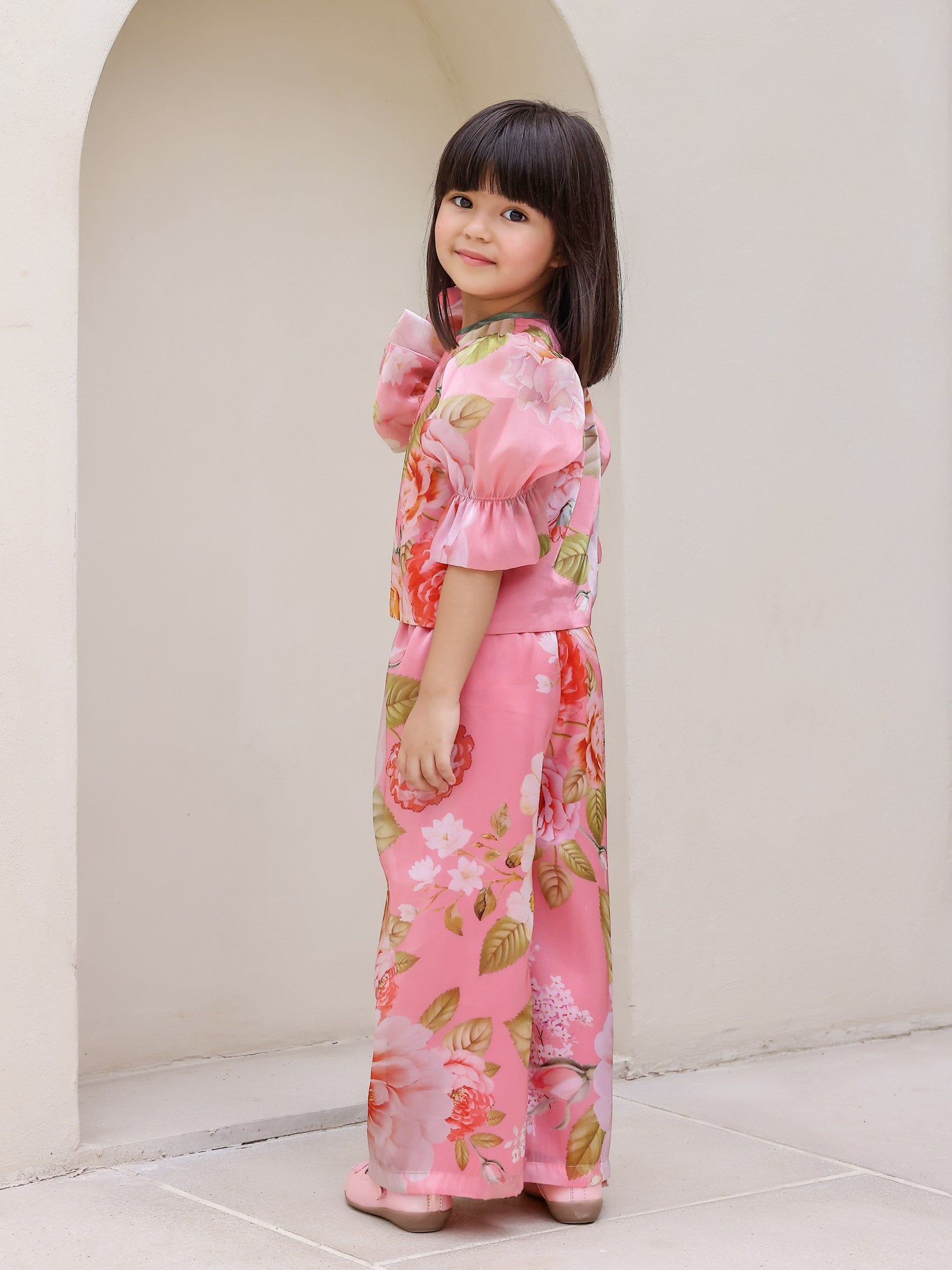 JANAYAS CLOSET: Peach Flower Printed Co-Ord Set for Girls
