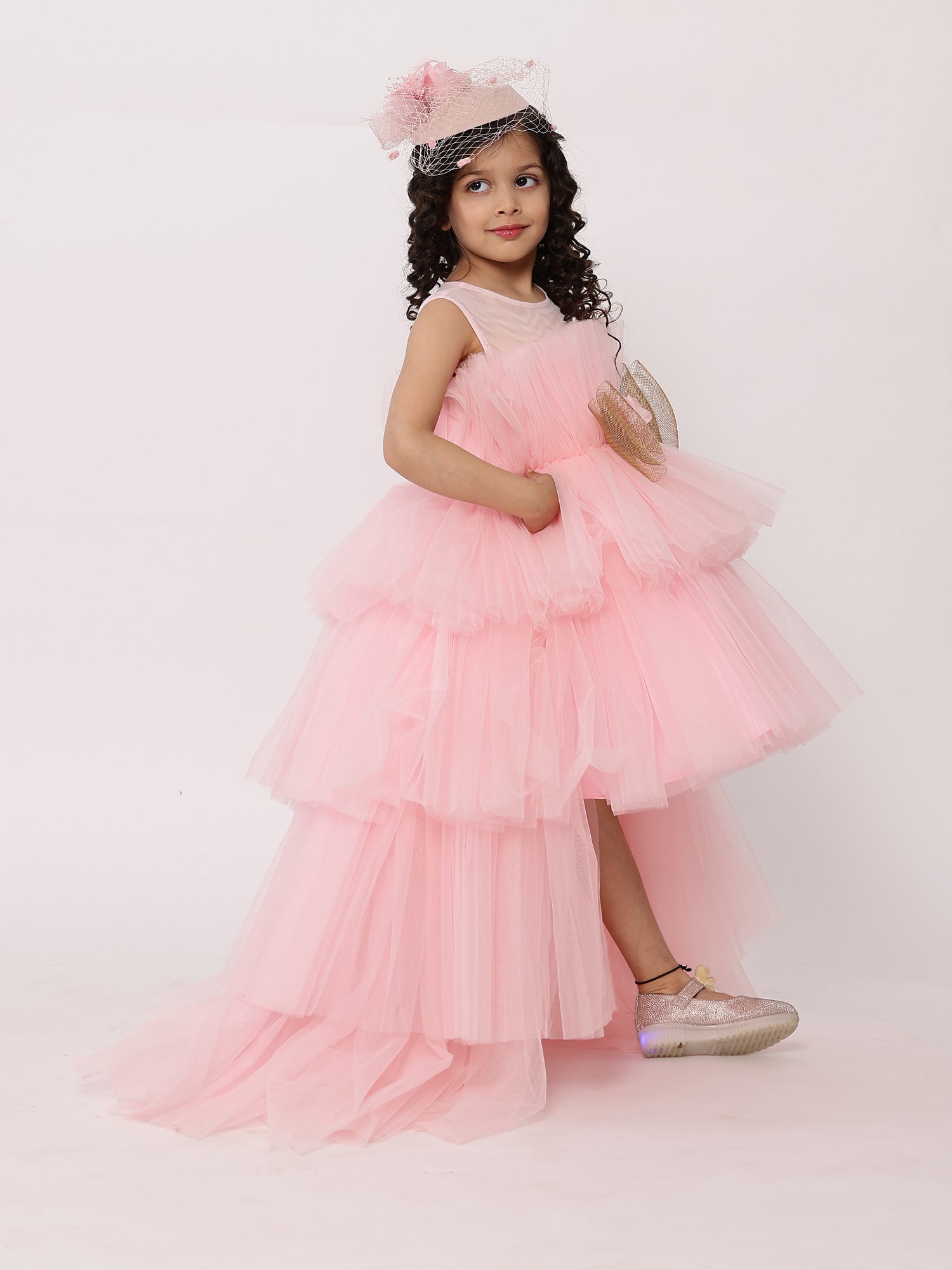 Pre Arha Pink High- Low Gown With Hair Accessory