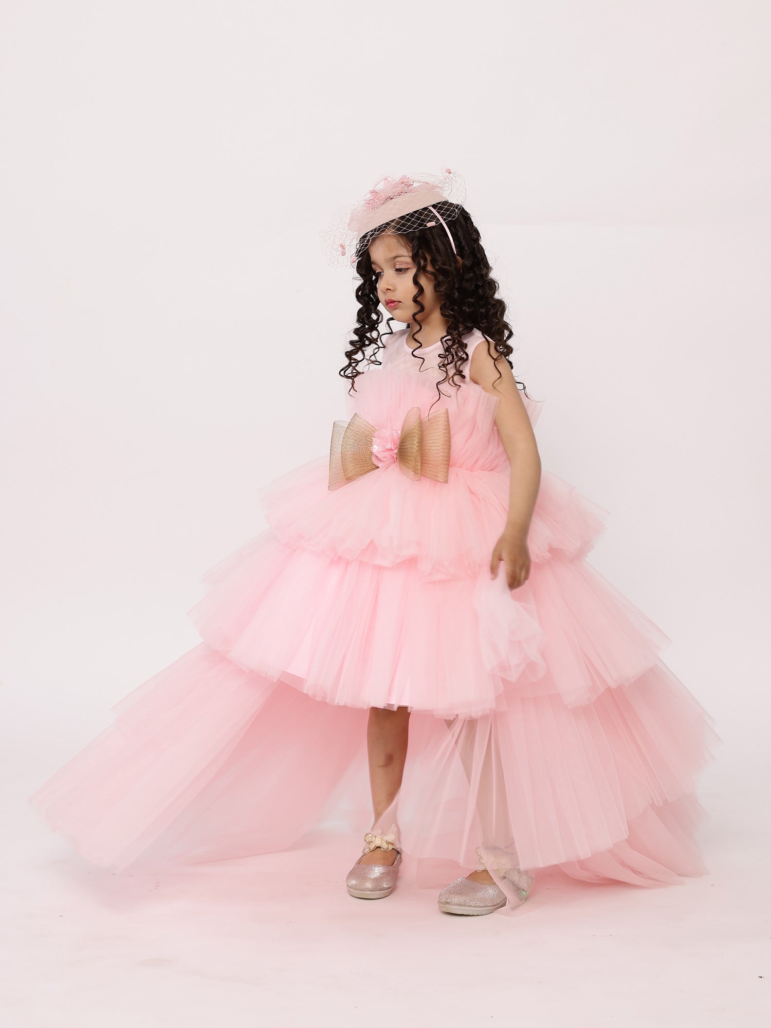 Pre Arha Pink High- Low Gown With Hair Accessory