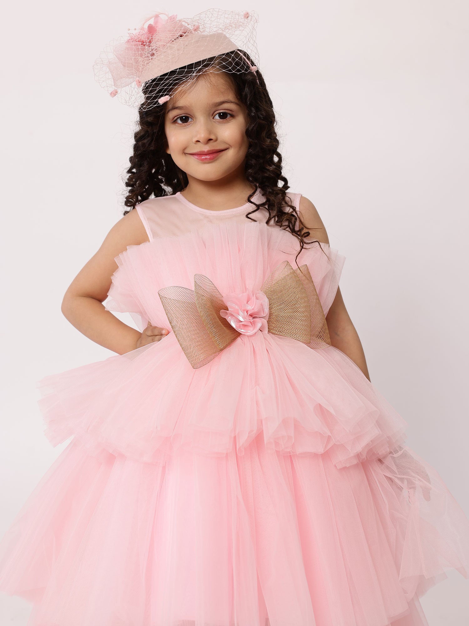 Pre Arha Pink High- Low Gown With Hair Accessory