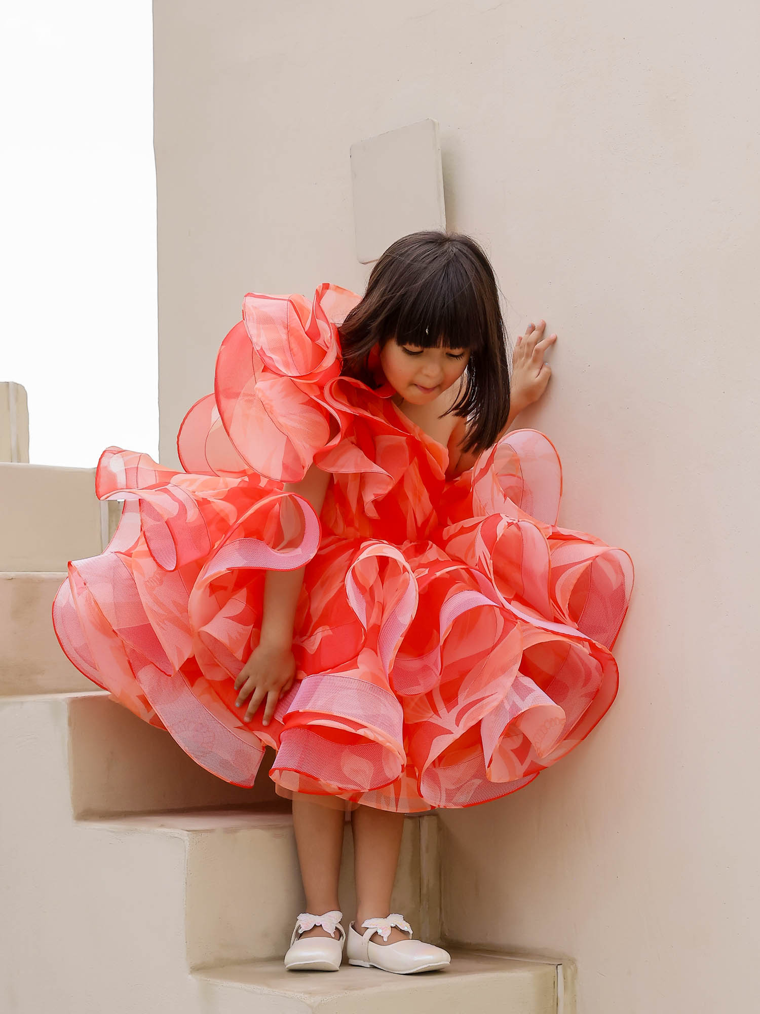 JANYAS CLOSET : Elegant Orange One-Shoulder Floral Organza Dress