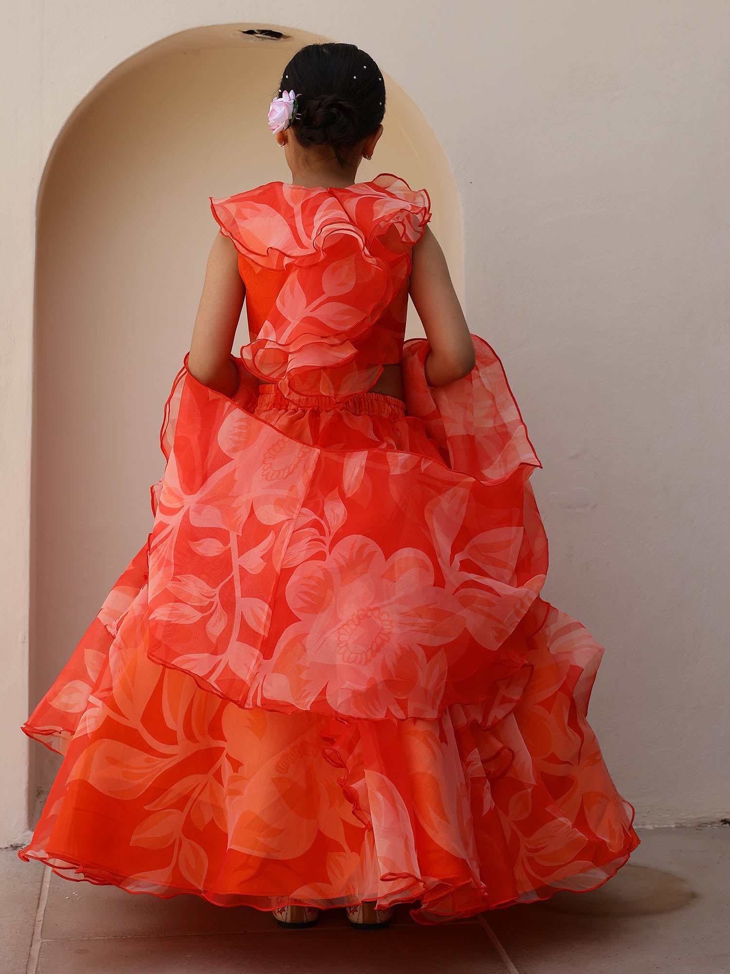 Orange Floral Ruffle Organza Festive Lehenga for Girls