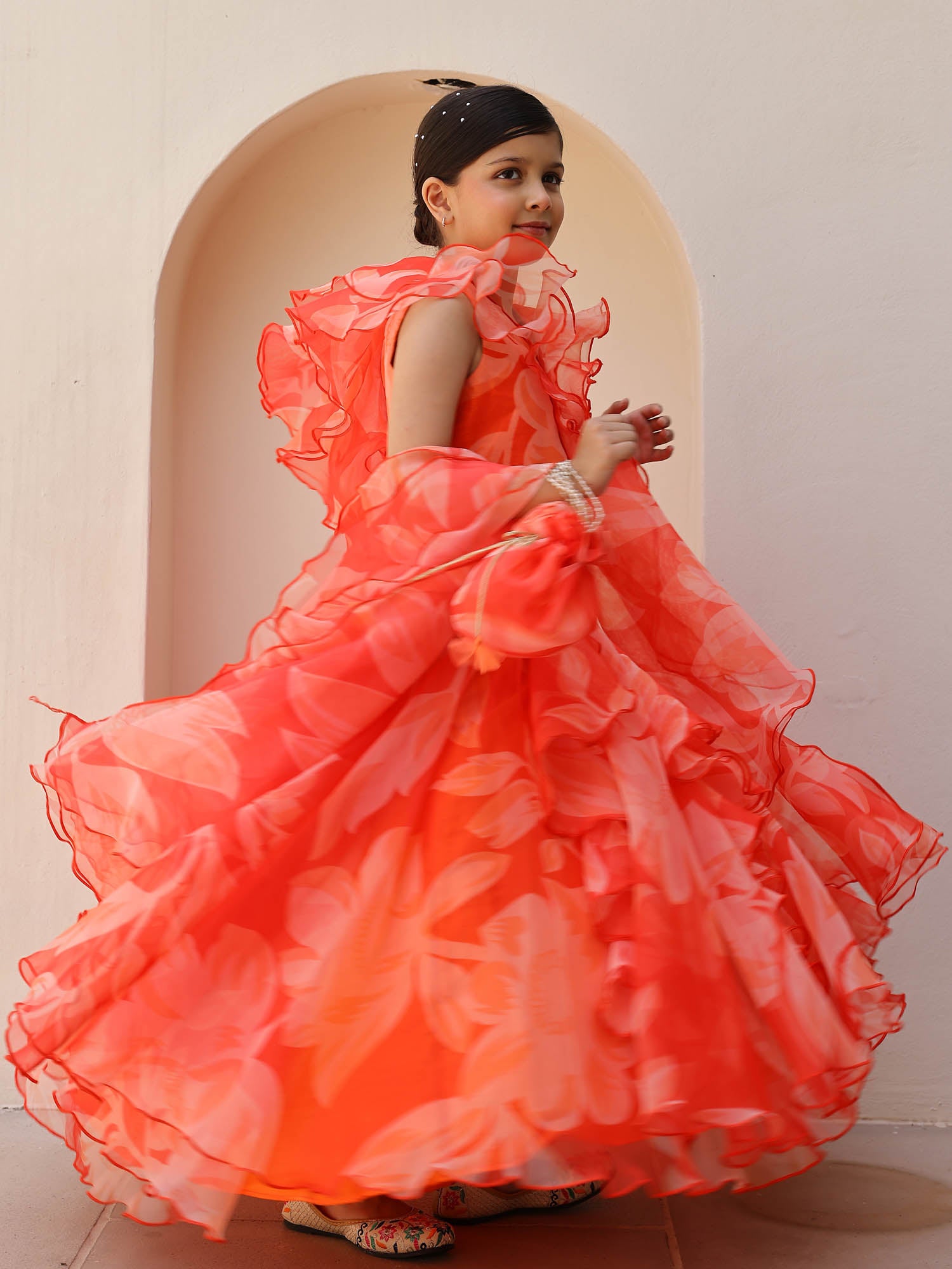 Orange Floral Ruffle Organza Festive Lehenga for Girls