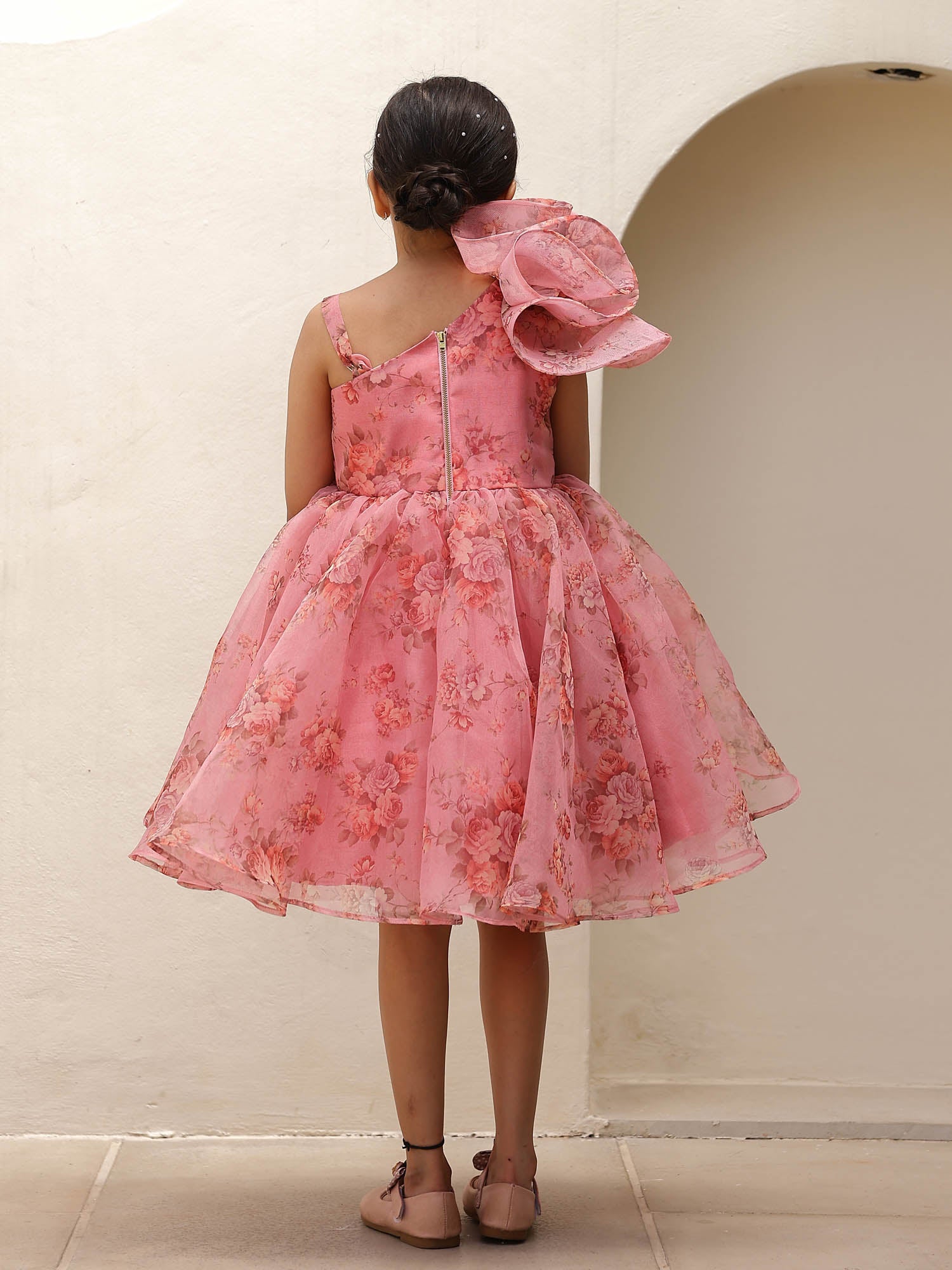 JANYAS CLOSET Mauve Pink Floral Printed One Shoulder Party Dress