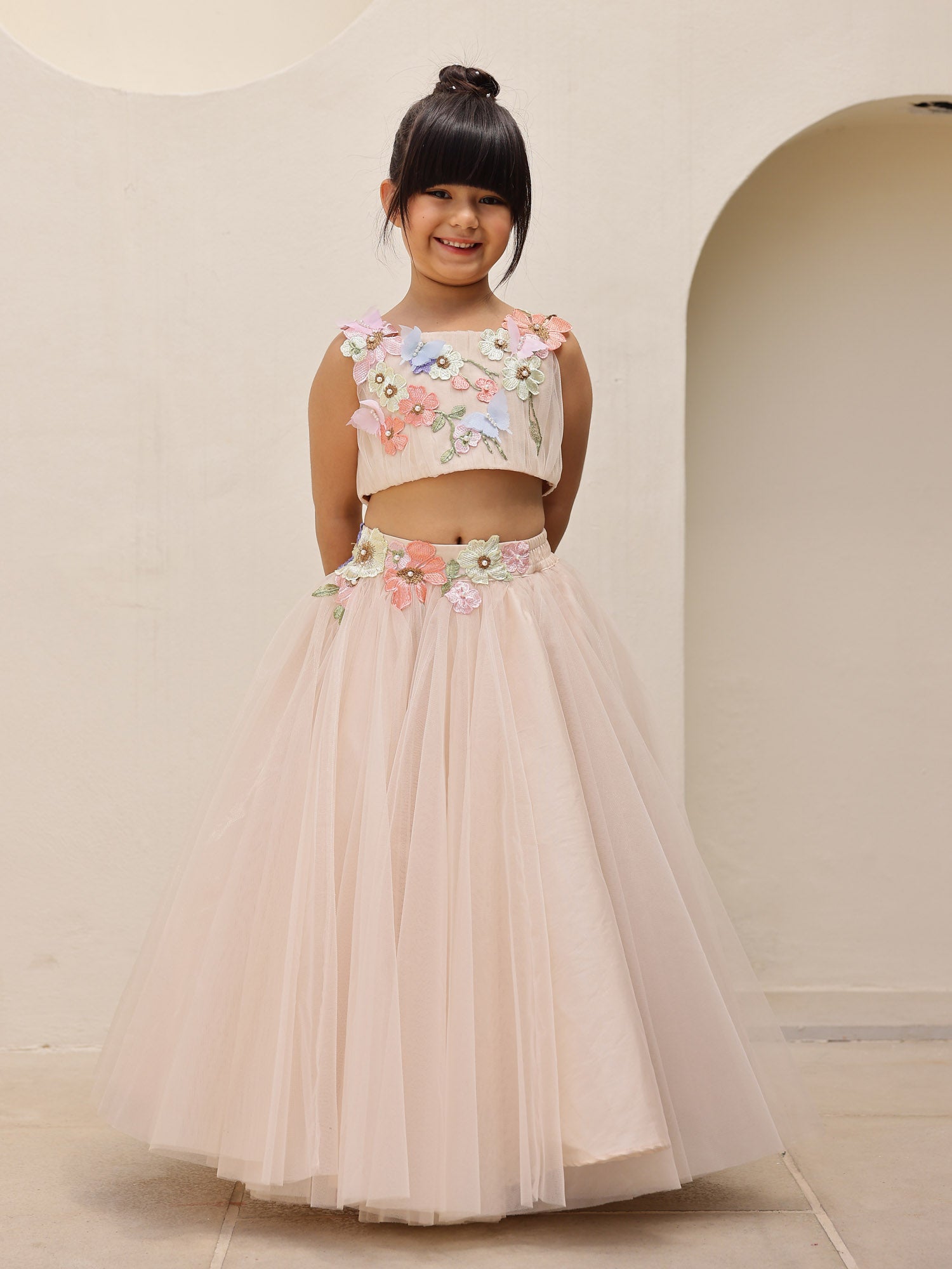 Girls Blush Pink 3D Flower Crop Top Skirt Set